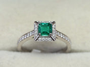 Emerald Halo Engagement Ring | Half Carat Natural Emerald & Diamond Square Engagement Ring | Antique Style -