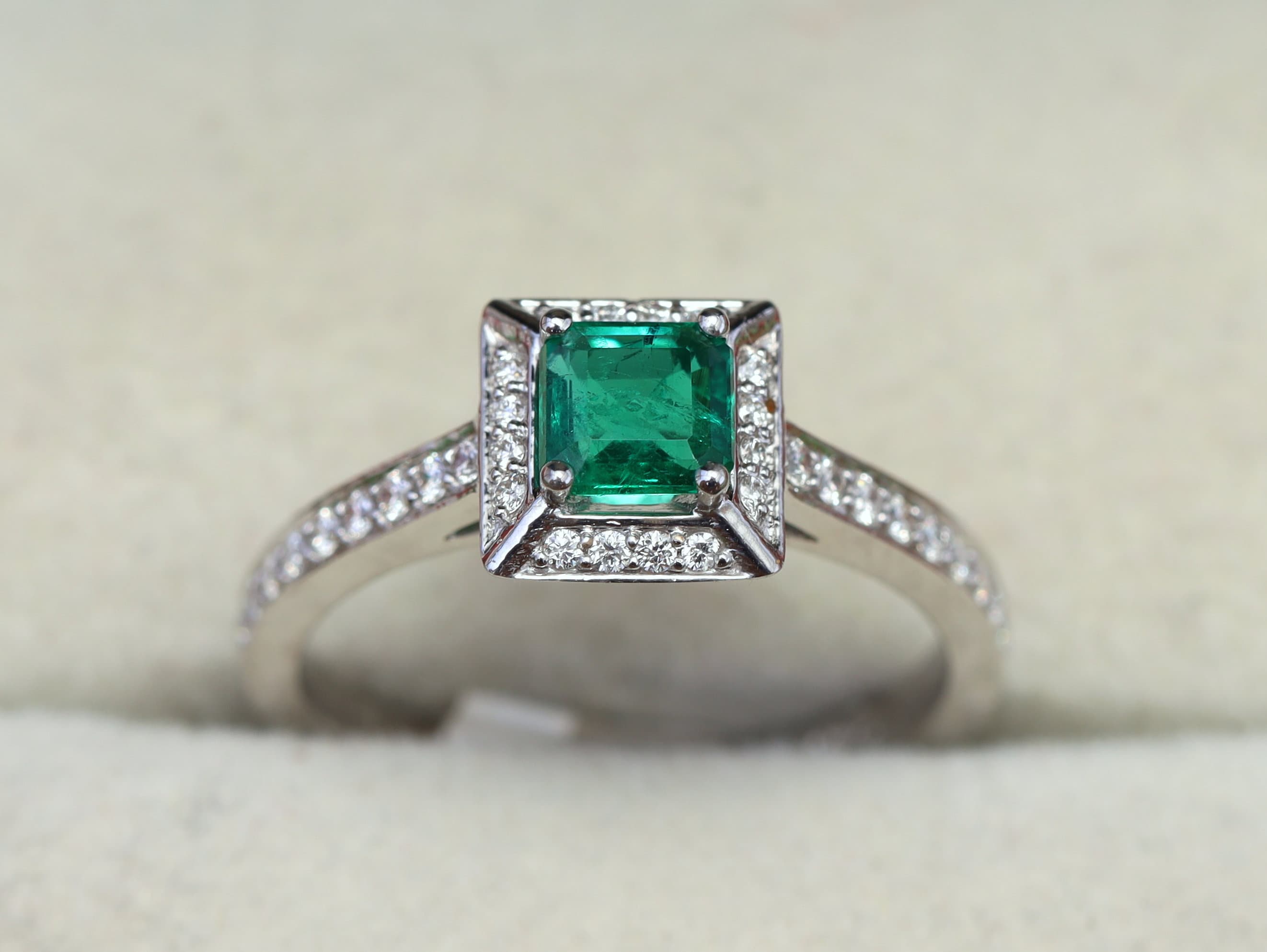 Emerald Halo Engagement Ring | Half Carat Natural Emerald & Diamond Square Engagement Ring | Antique Style -