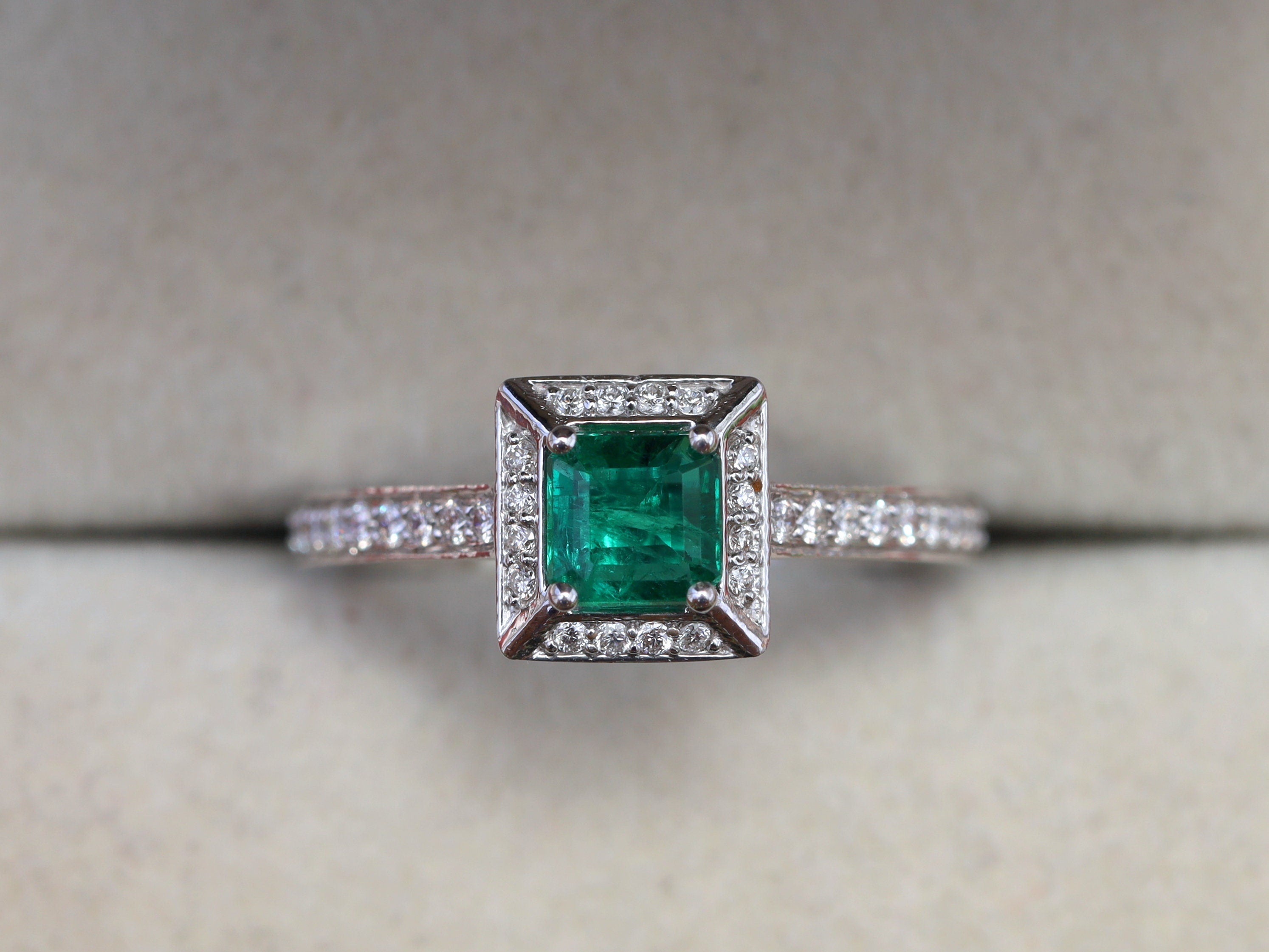 Emerald Engagement Ring | Square Cut | Half Carat Emerald & Diamond | Antique Style -