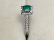 Emerald Halo Engagement Ring | Half Carat Natural Emerald & Diamond Square Engagement Ring | Antique Style -