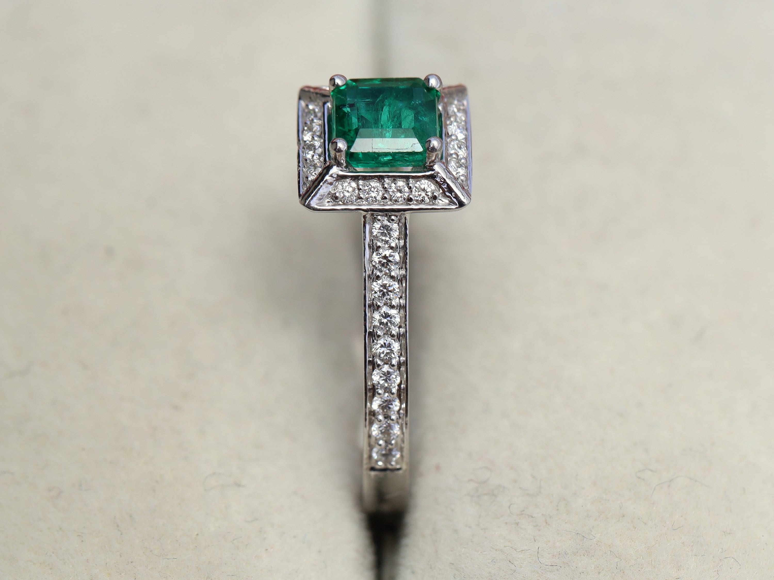 Emerald Halo Engagement Ring | Half Carat Natural Emerald & Diamond Square Engagement Ring | Antique Style -