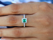 Emerald Halo Engagement Ring | Half Carat Natural Emerald & Diamond Square Engagement Ring | Antique Style -