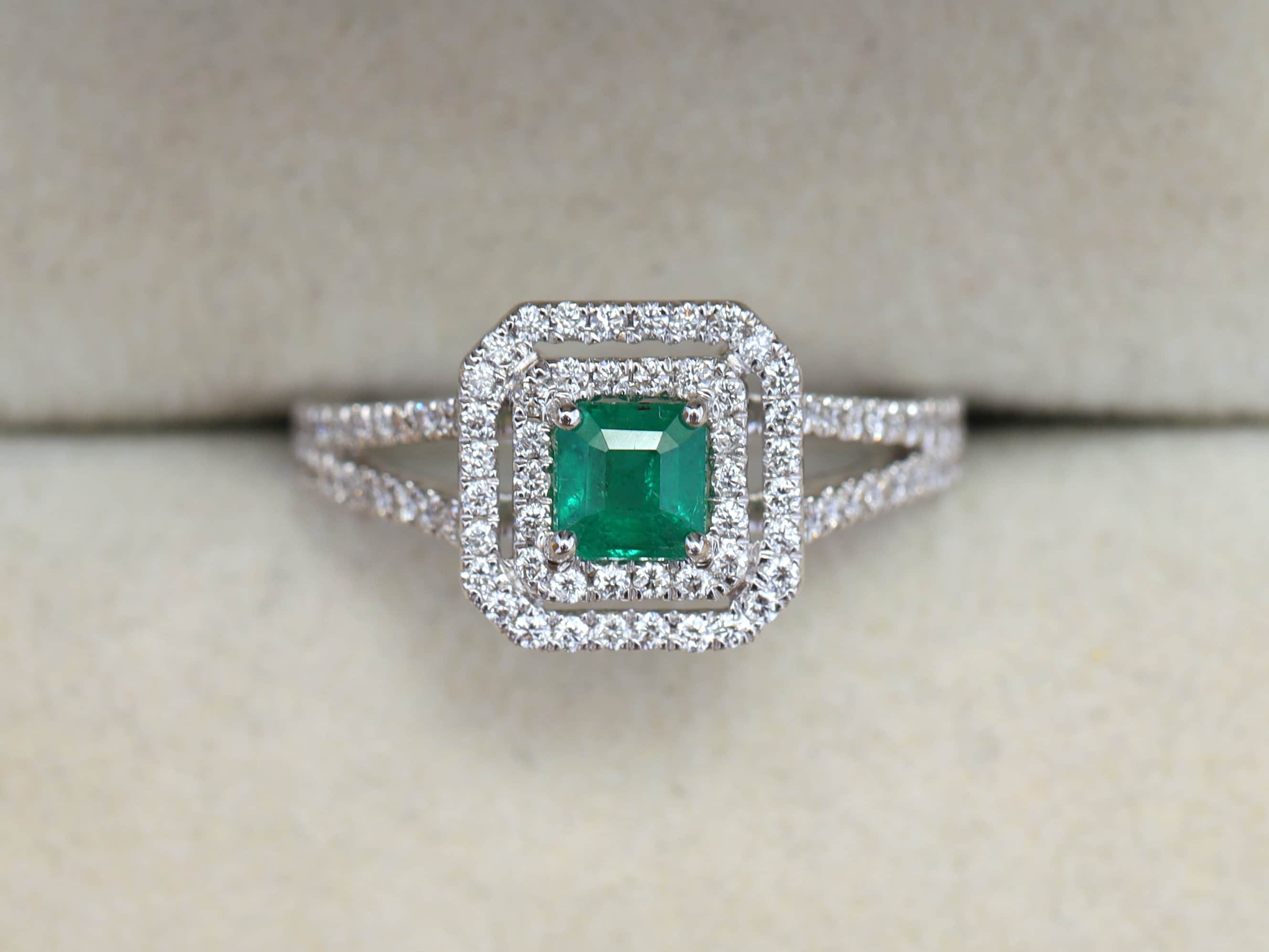Half Carat Emerald Engagement Ring | Square Engagement Ring | Vintage Emerald and Diamond Ring -