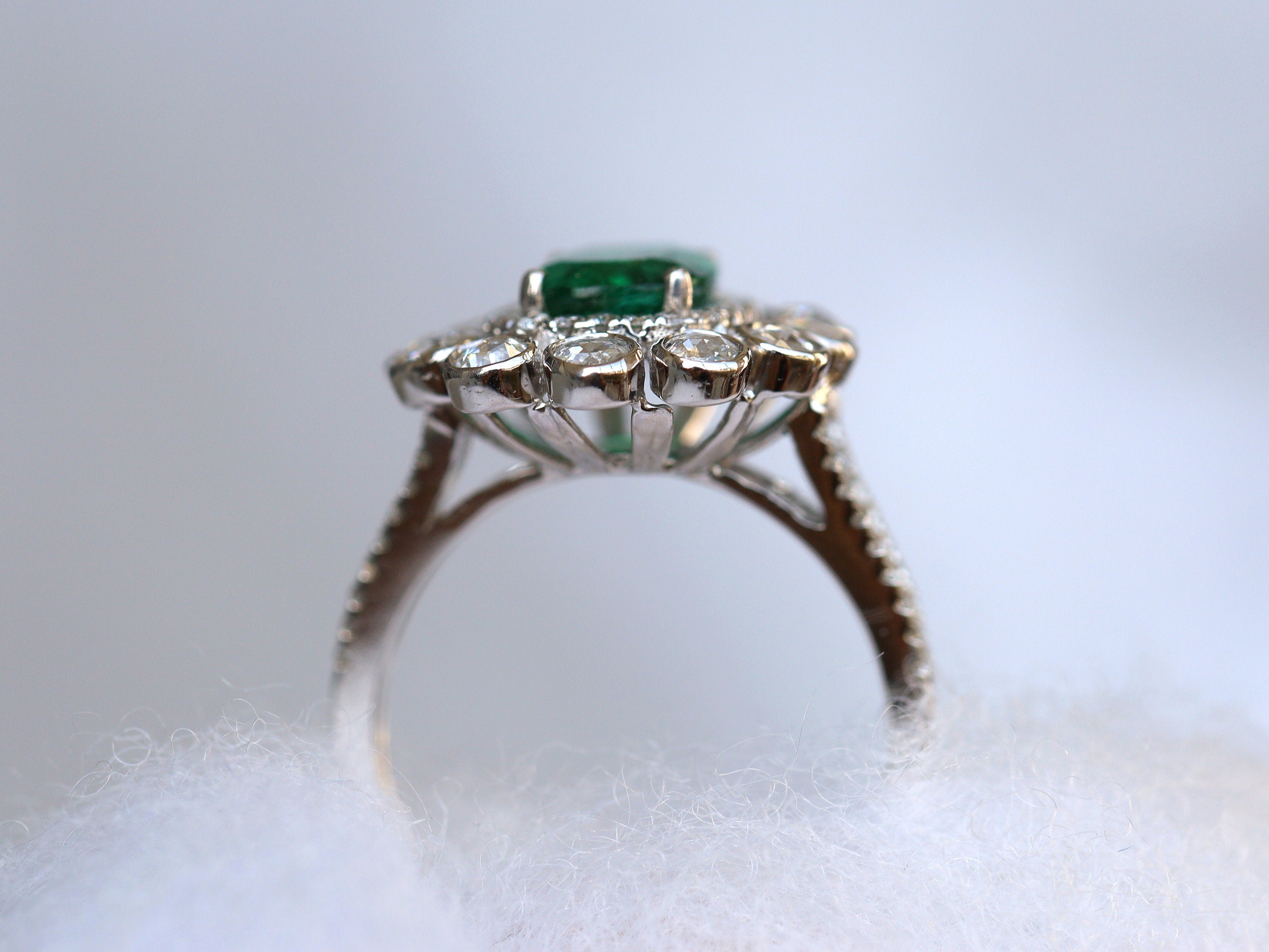Natural Emerald & Diamond Halo Engagement Ring | 1.3ct Cushion Cut Emerald with Round Rose Cut Diamonds -