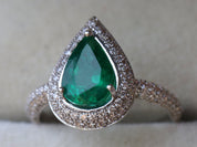 Antique Natural Emerald Engagement Ring | Pear Cut Halo Diamond Ring | 1.7 Carat Emerald -