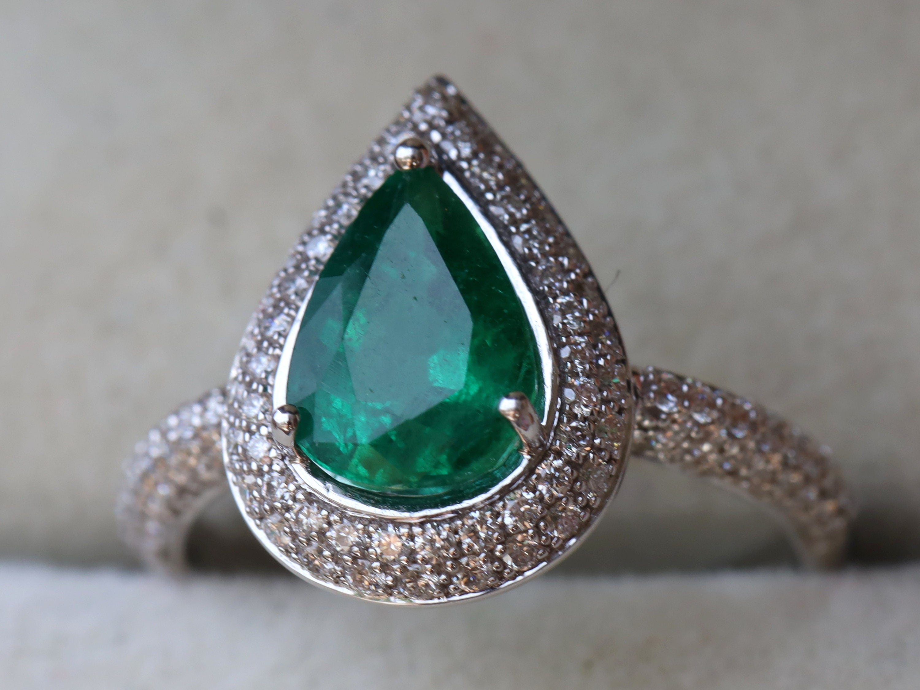 Antique Natural Emerald Engagement Ring | Pear Cut Halo Diamond Ring | 1.7 Carat Emerald -