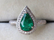 Antique Natural Emerald Engagement Ring | Pear Cut Halo Diamond Ring | 1.7 Carat Emerald -
