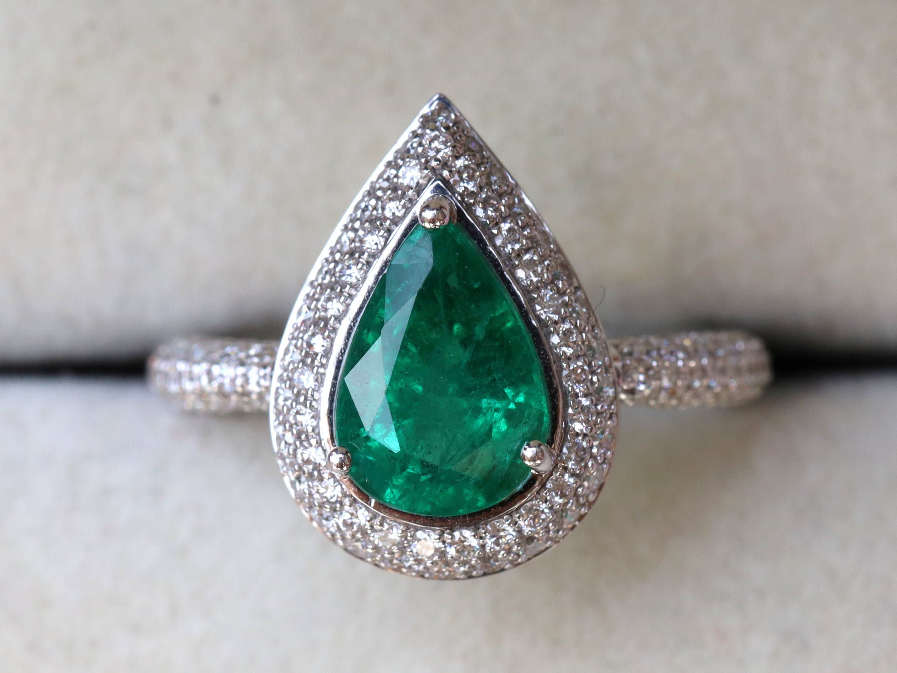 Antique Natural Emerald Engagement Ring | Pear Cut Halo Diamond Ring | 1.7 Carat Emerald -