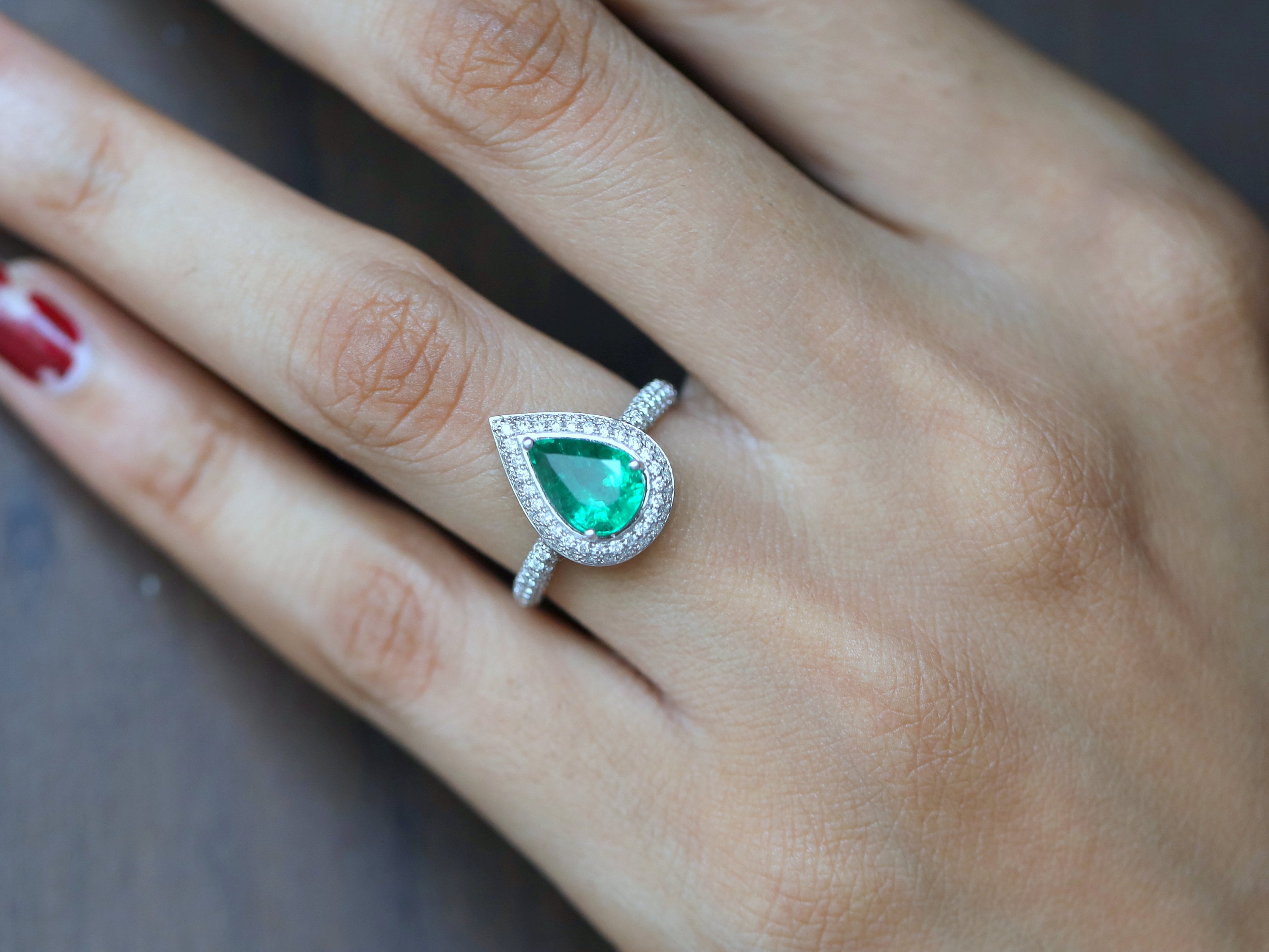 Antique Natural Emerald Engagement Ring | Pear Cut Halo Diamond Ring | 1.7 Carat Emerald -