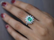 Natural Emerald & Diamond Halo Engagement Ring | 1.3ct Cushion Cut Emerald with Round Rose Cut Diamonds -