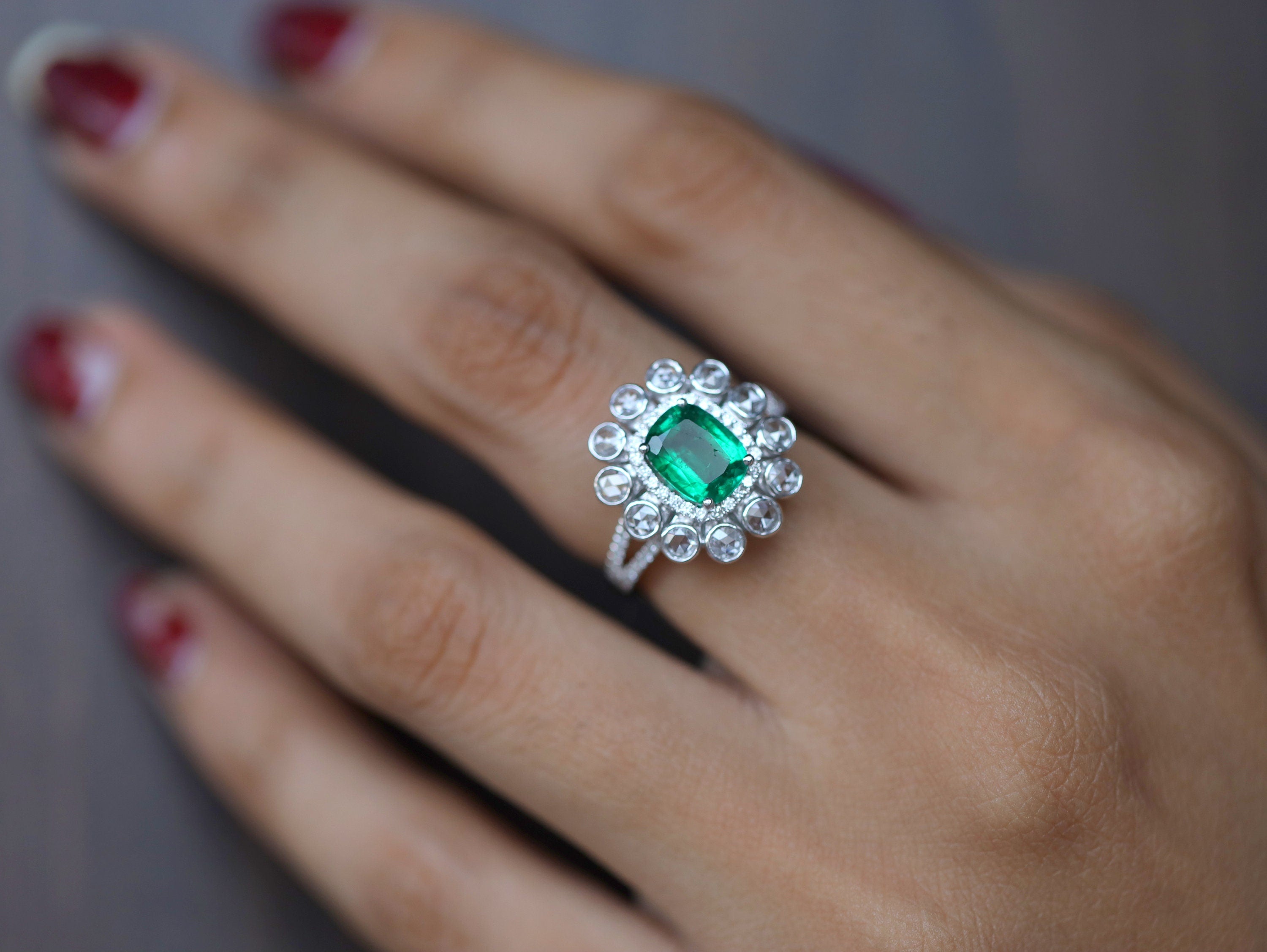 Natural Emerald & Diamond Halo Engagement Ring | 1.3ct Cushion Cut Emerald with Round Rose Cut Diamonds -