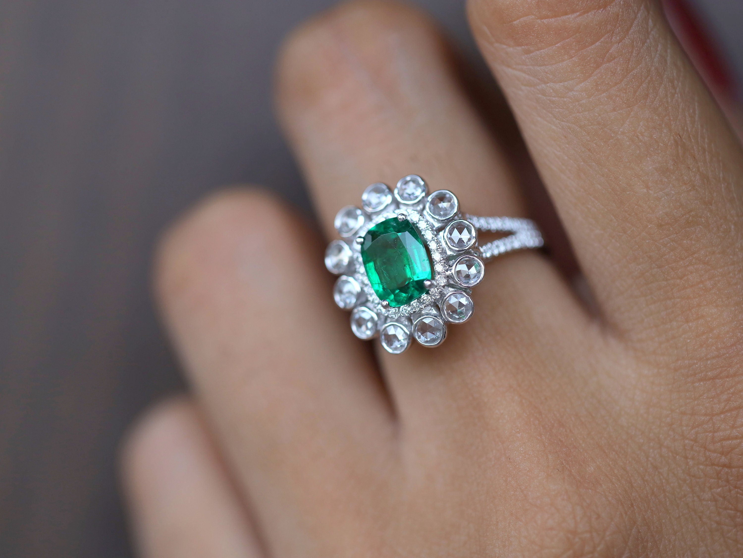 Natural Emerald & Diamond Halo Engagement Ring | 1.3ct Cushion Cut Emerald with Round Rose Cut Diamonds -