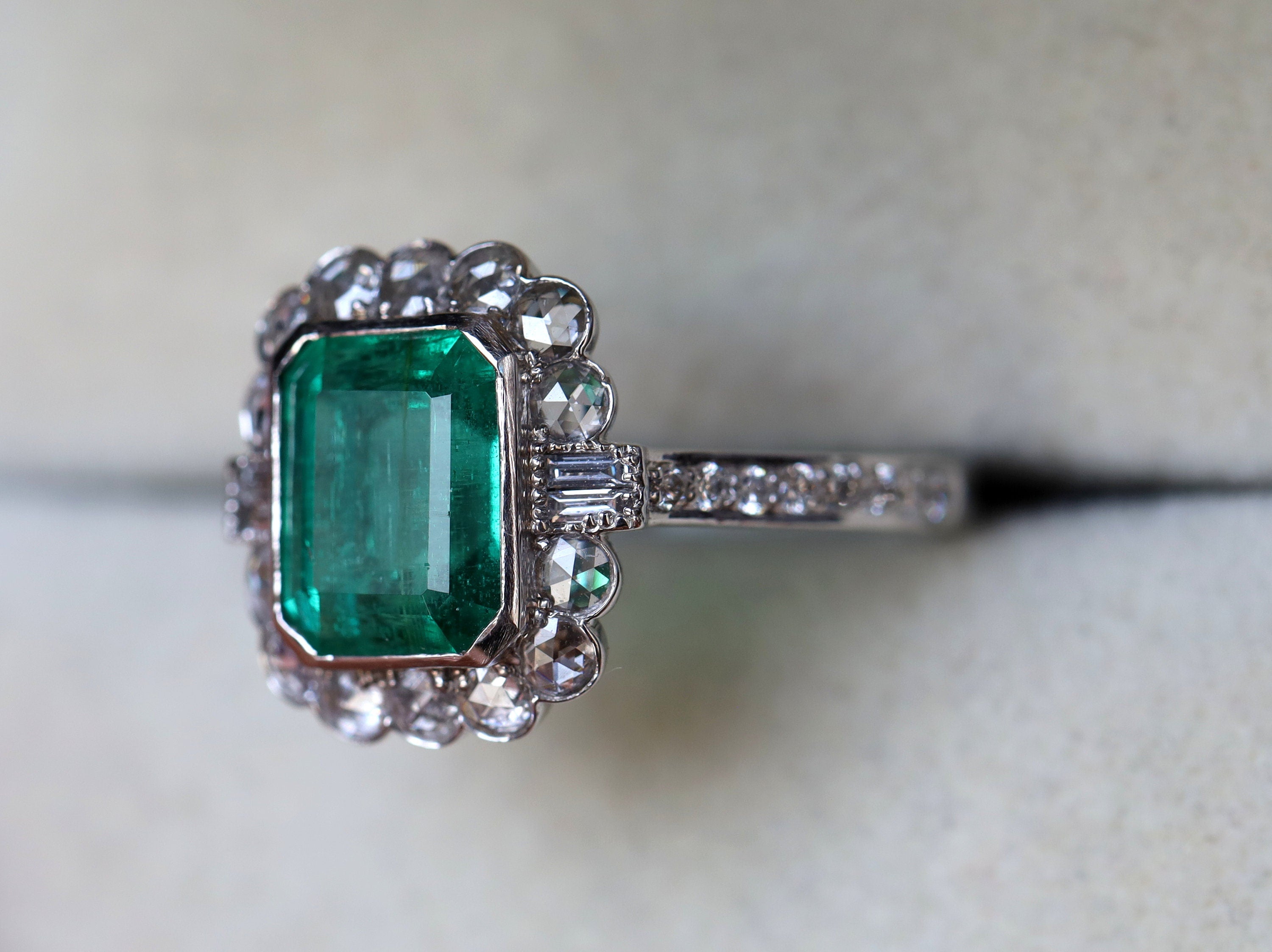3 CT Green Emerald & Diamond Engagement Ring | Rose Cut Diamond Ring -