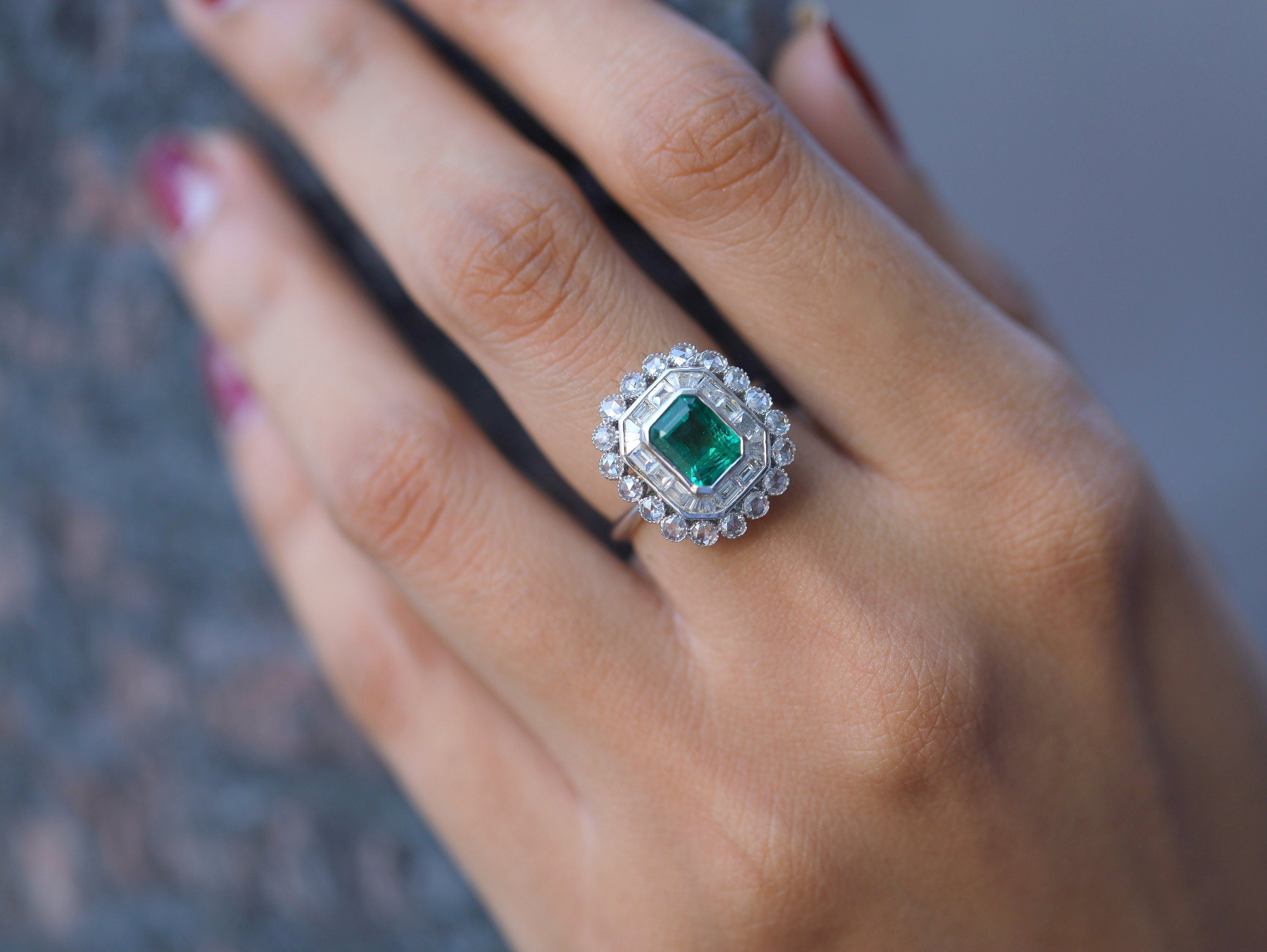 Antique Emerald Engagement Ring | Green Emerald Cut and Diamond Ring | 1.6 Carat Emerald Ring -