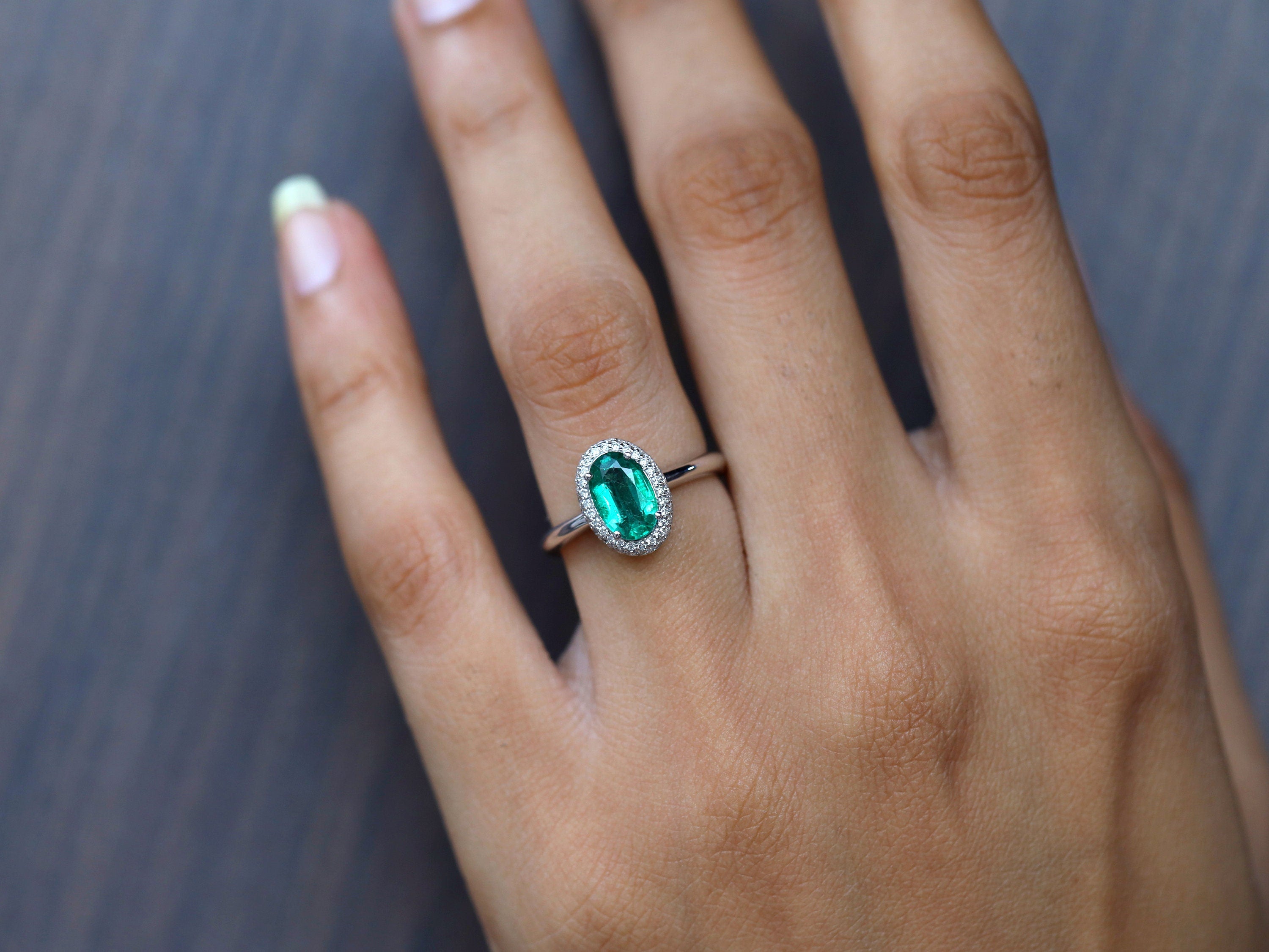 Emerald Engagement Ring | Vintage Green Oval Halo Design | 1-Carat May Birthstone Jewelry -