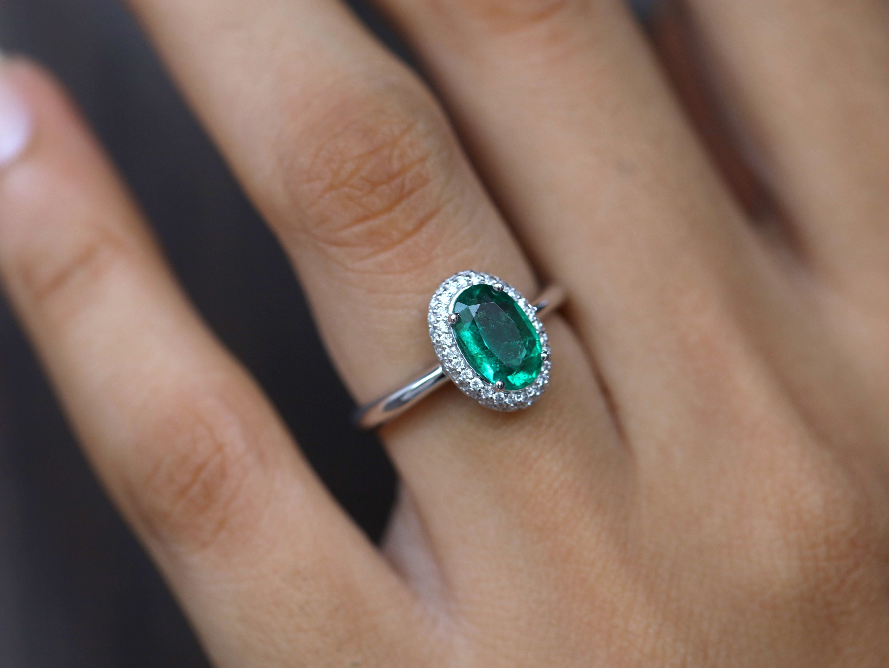 Emerald Engagement Ring | Vintage Green Oval Halo Design | 1-Carat May Birthstone Jewelry -