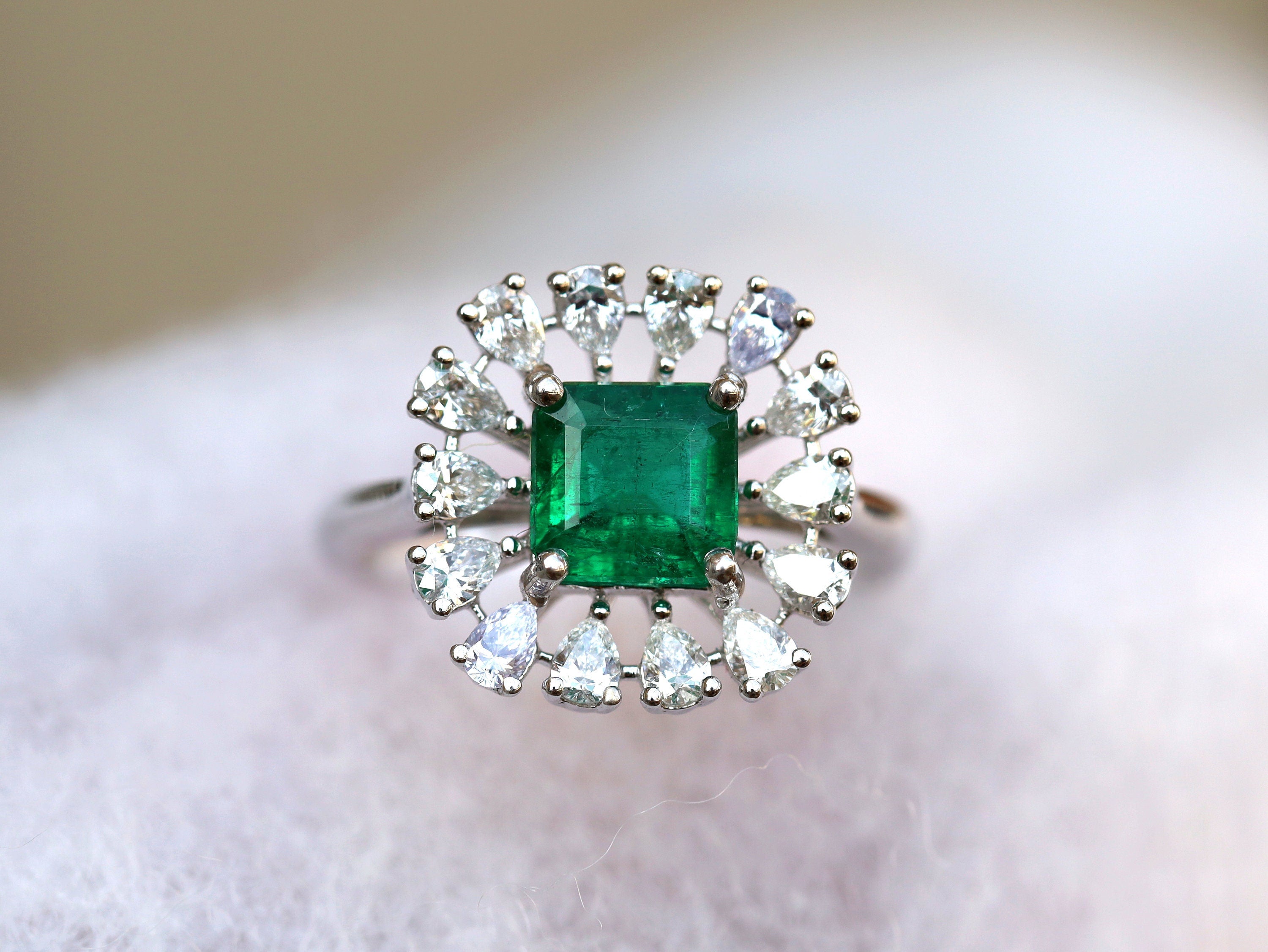 Natural 1ct Emerald Engagement Ring | Green Emerald & Diamond Halo Square Ring -