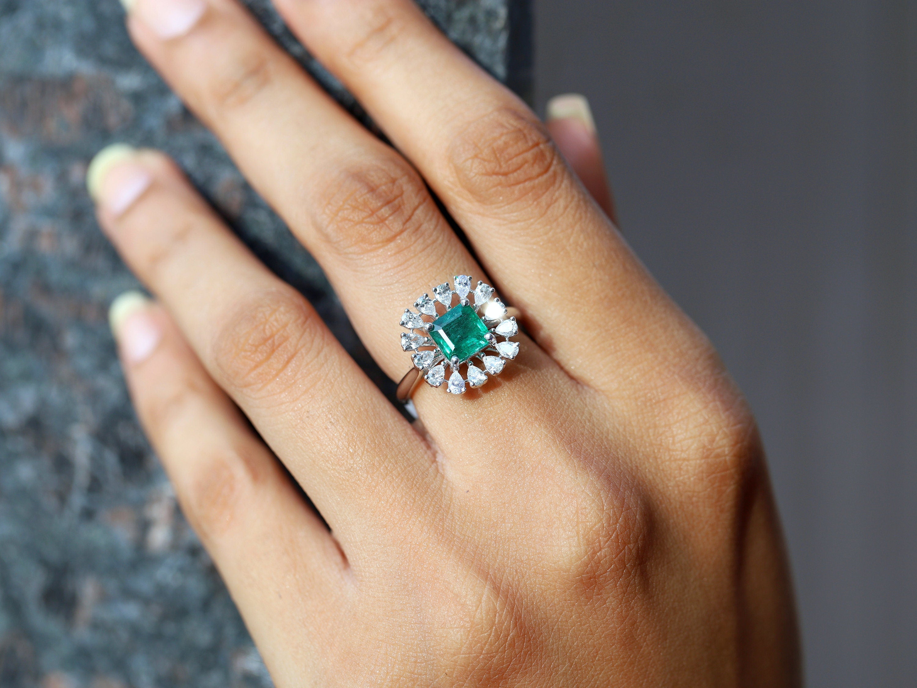Natural 1ct Emerald Engagement Ring | Green Emerald & Diamond Halo Square Ring -