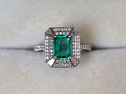 1.5ct Green Emerald Engagement Ring | Emerald Cut Emerald with Diamond Halo Ring -