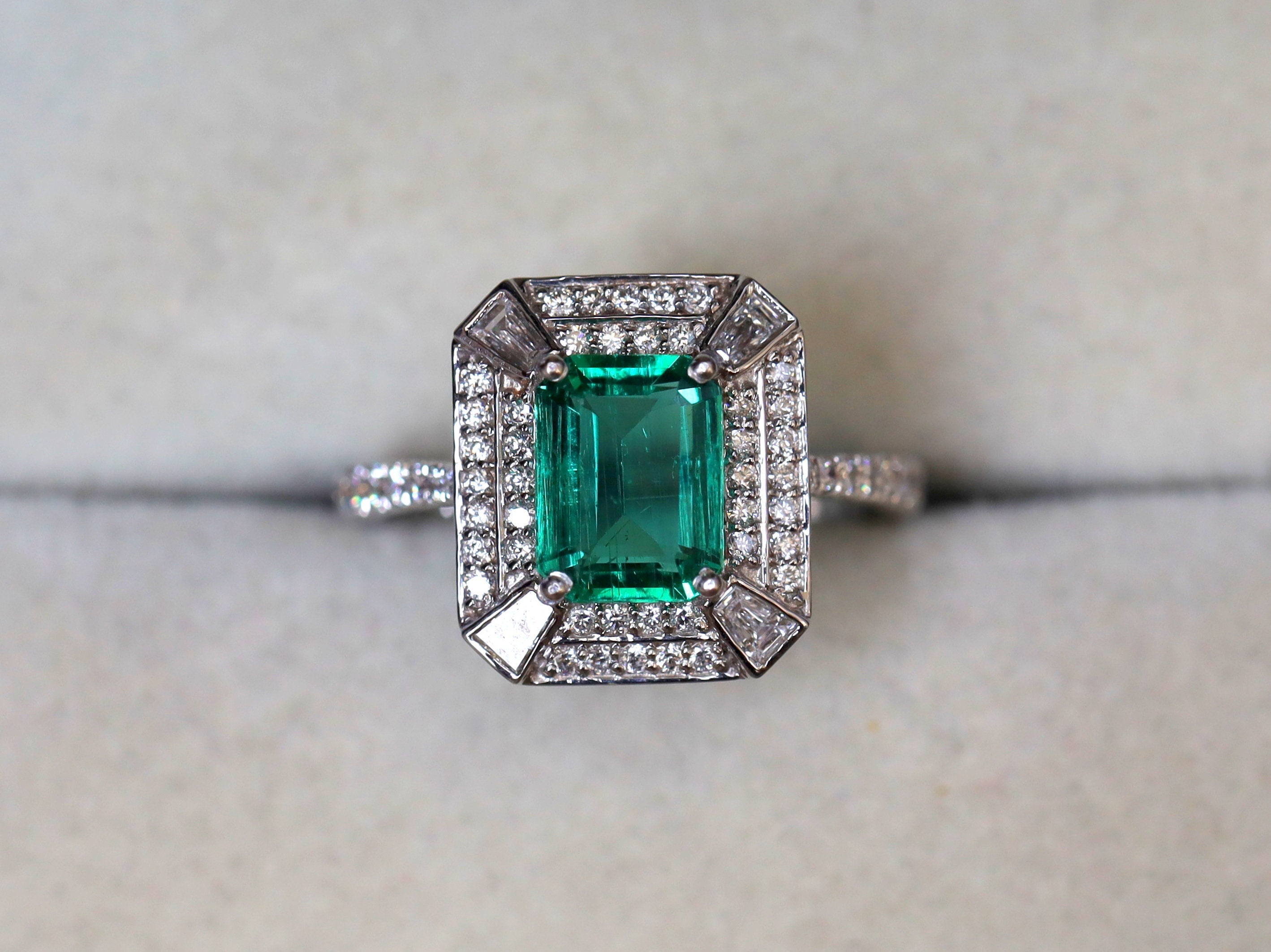 1.5ct Green Emerald Engagement Ring | Emerald Cut Emerald with Diamond Halo Ring -