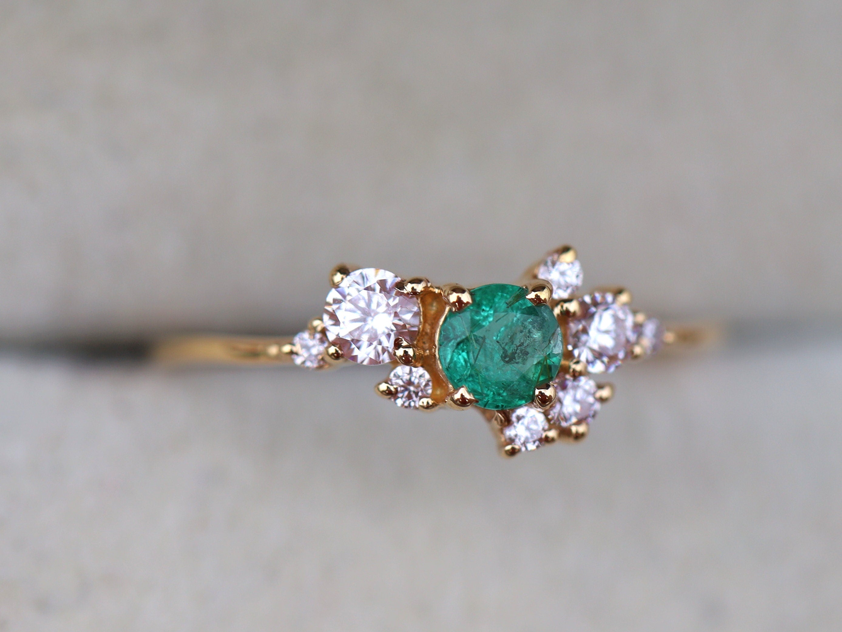 Emerald Engagement Ring | Cluster Diamond Ring | Vintage Natural Emerald Ring -