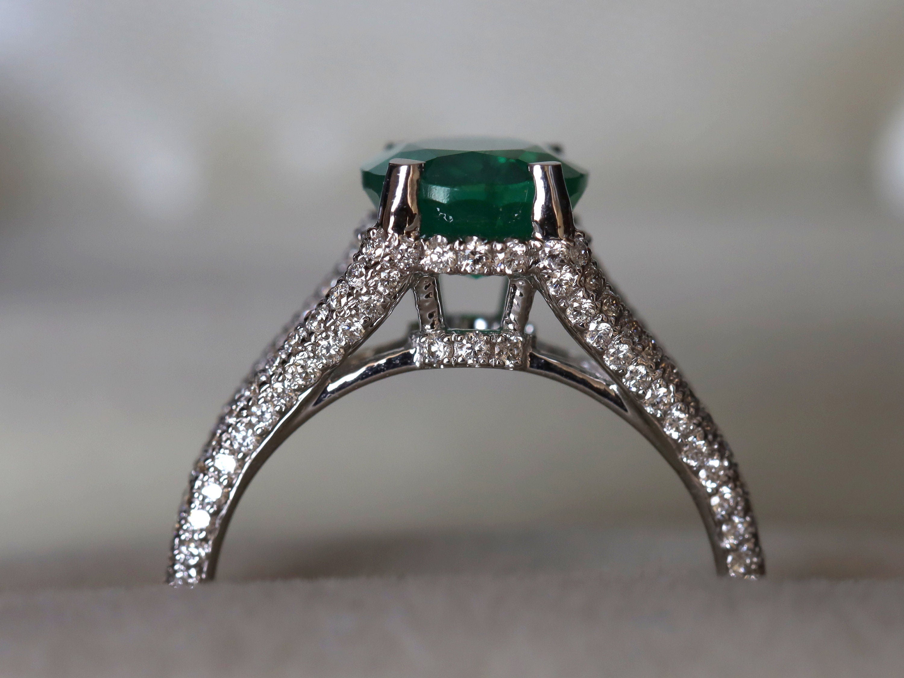 2 Carat Green Emerald Engagement Ring | Oval Cut Emerald and Diamond Ring -