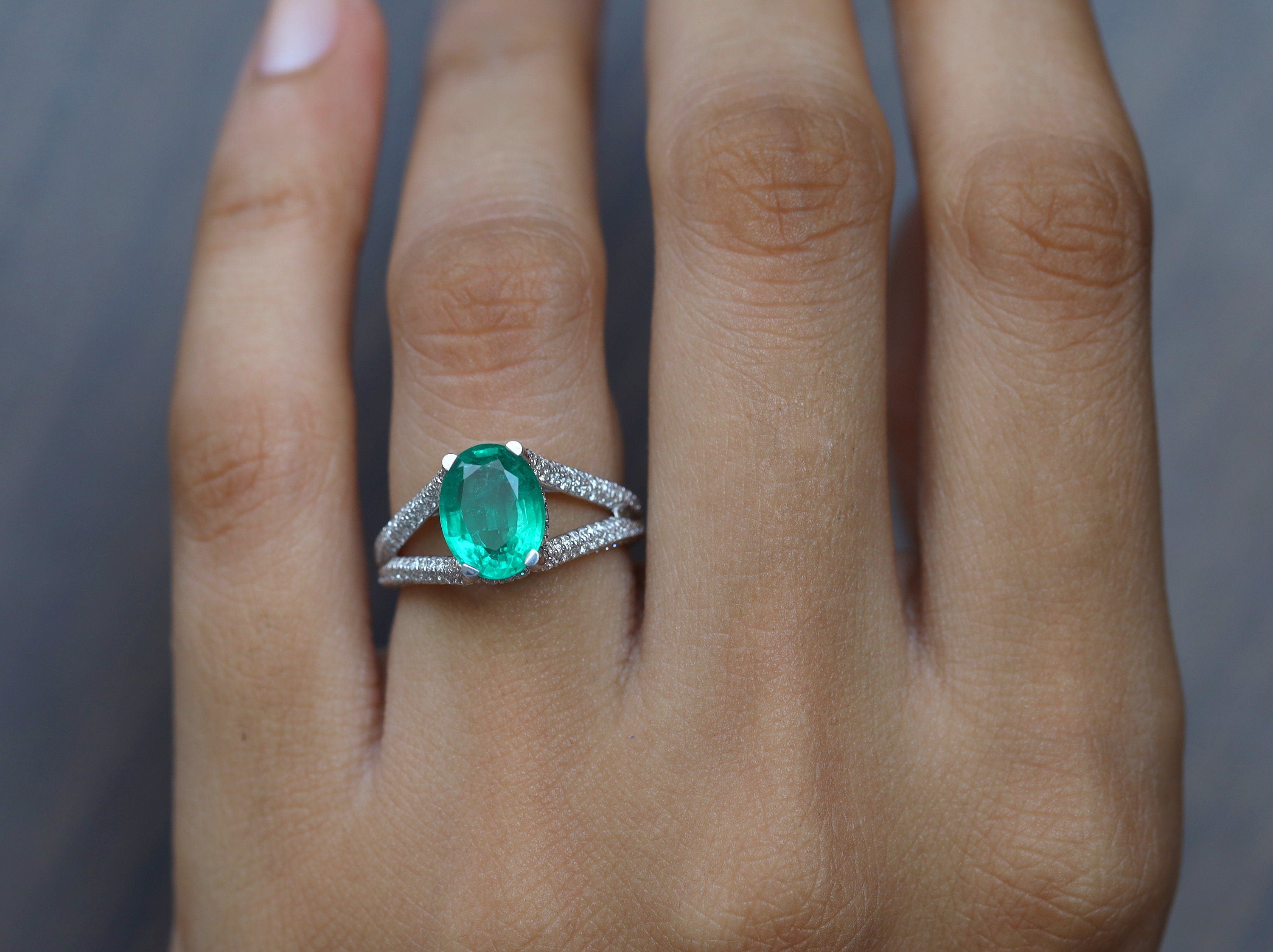 2 Carat Green Emerald Engagement Ring | Oval Cut Emerald and Diamond Ring -