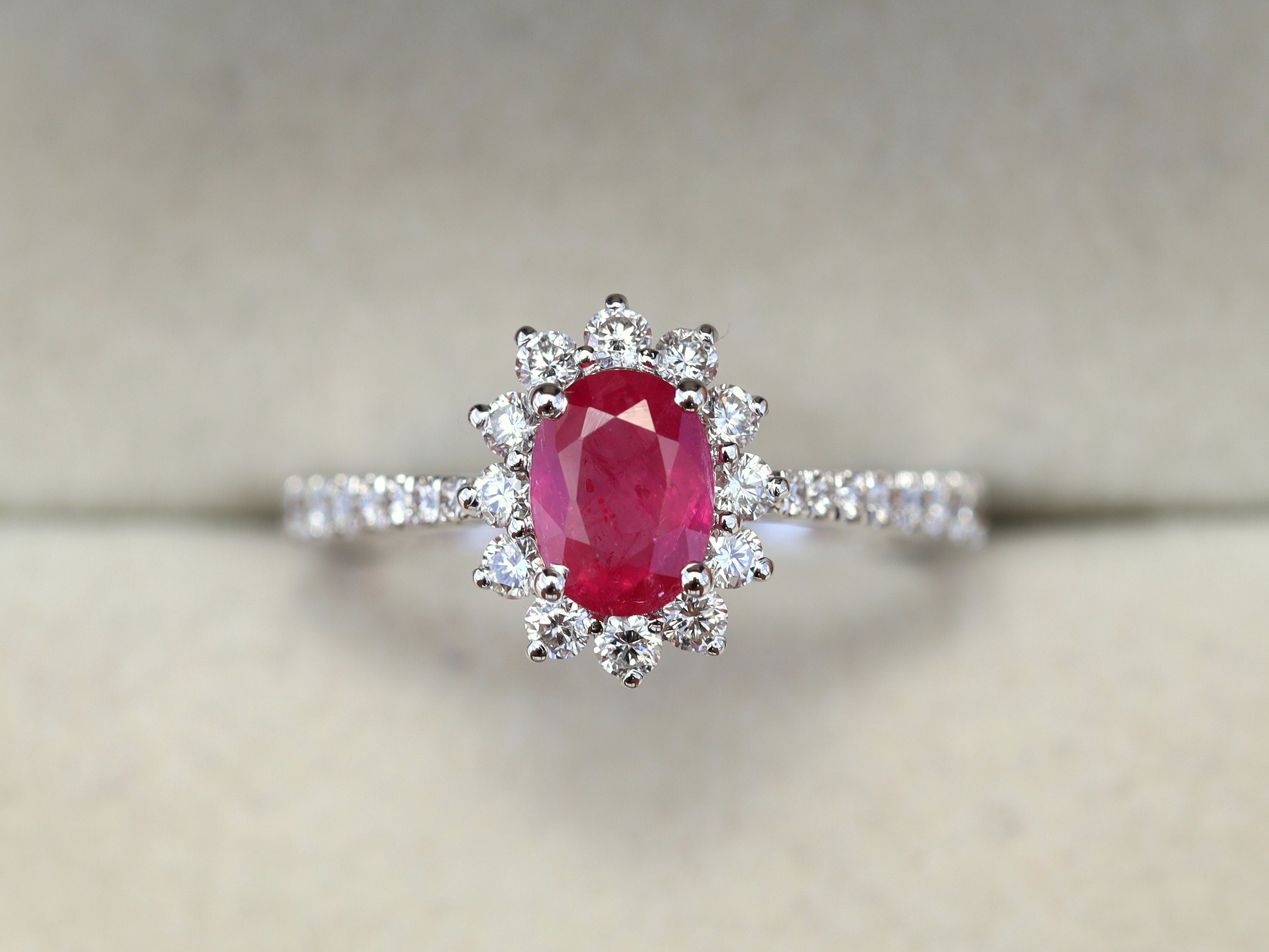 Natural Ruby Engagement Ring | 1 Carat Red Ruby Halo Ring | Oval Ruby Engagement Ring -