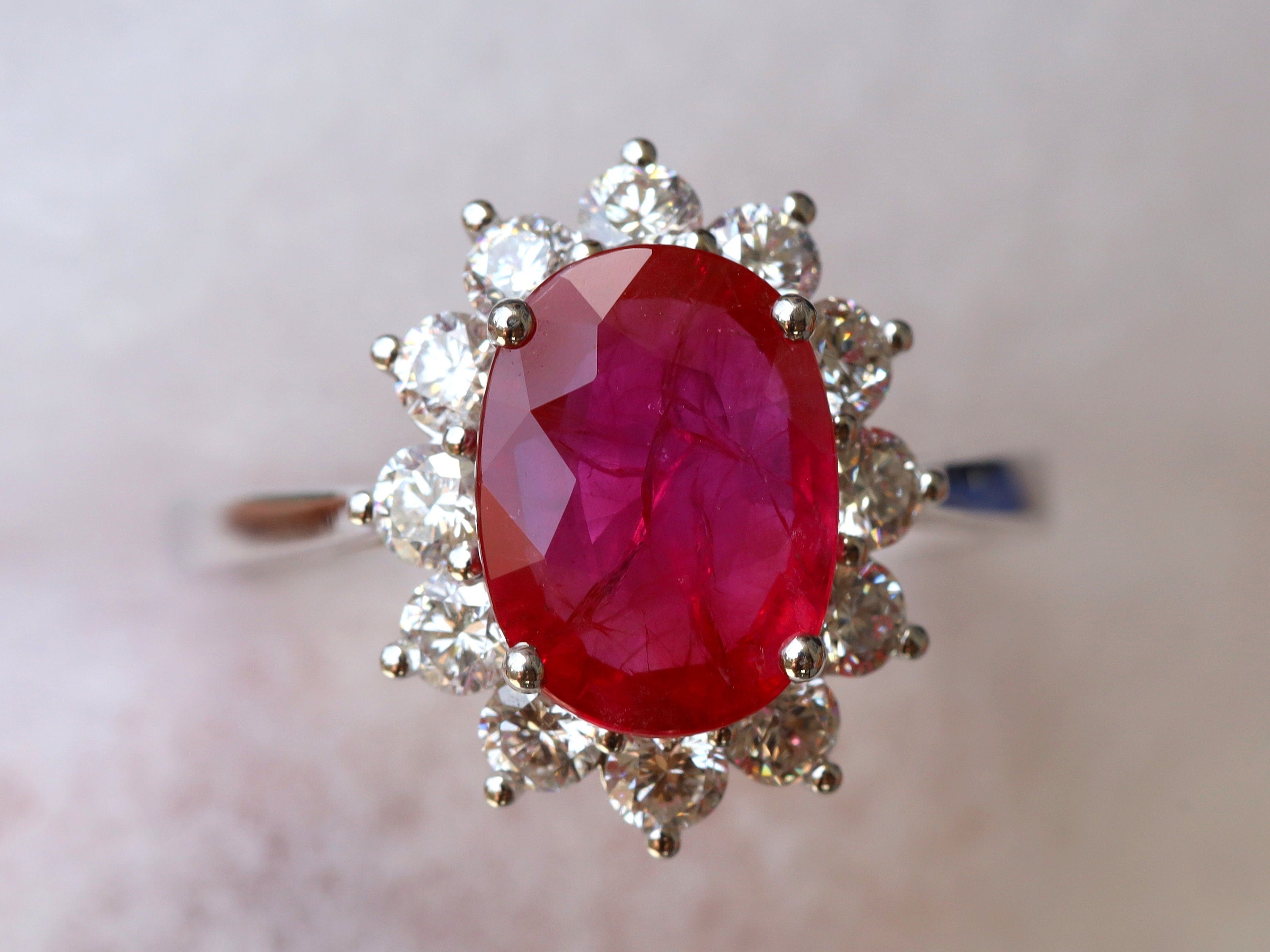 Genuine Ruby Engagement Ring | 3 Carat Natural Ruby Halo Ring | Red Ruby and Diamond Ring -
