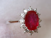 Genuine Ruby Engagement Ring | 3 Carat Natural Ruby Halo Ring | Red Ruby and Diamond Ring -