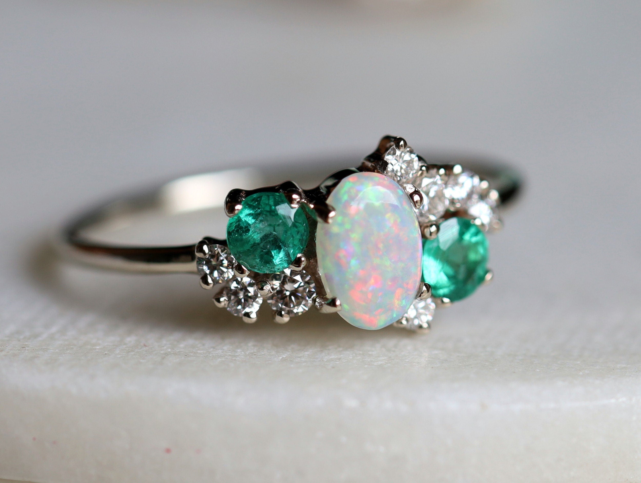 Opal and Emerald Cluster Engagement Ring | Australian Opal & Emerald Diamond Ring -