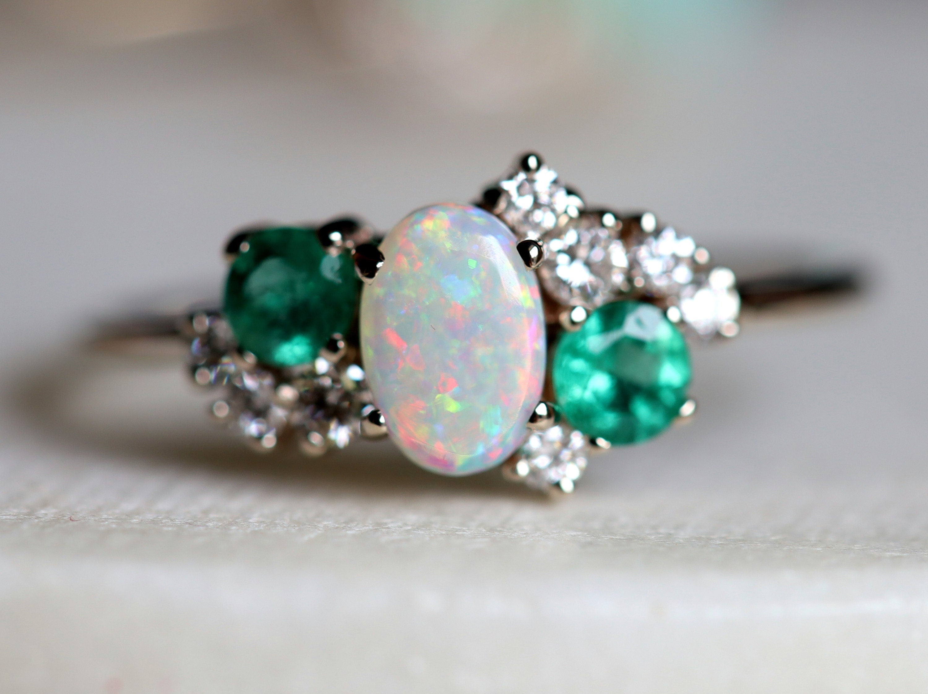 Opal and Emerald Cluster Engagement Ring | Australian Opal & Emerald Diamond Ring -