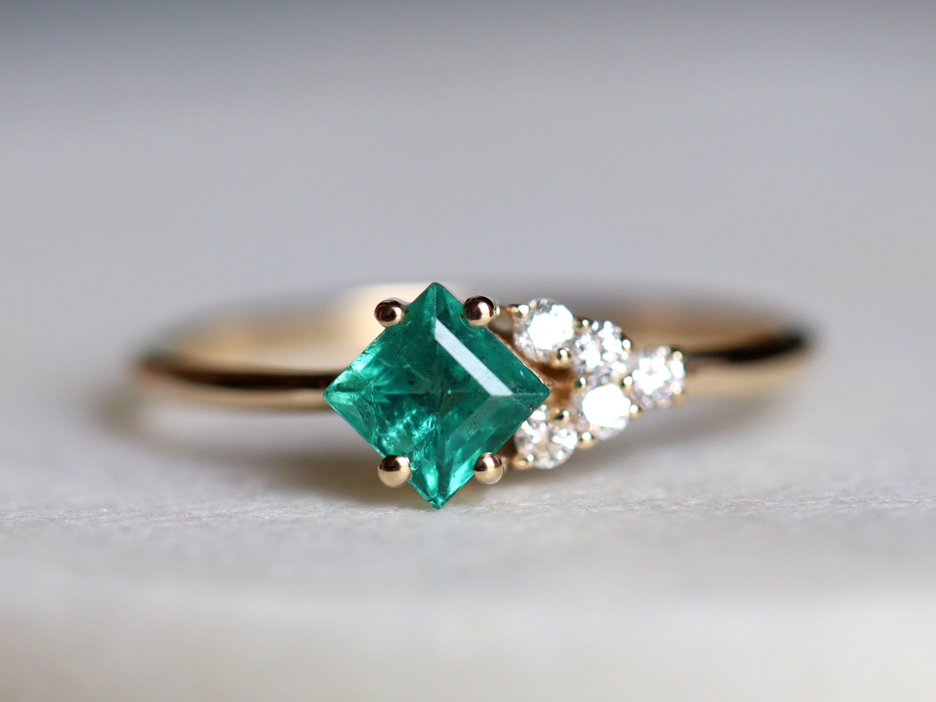 Emerald Cluster Ring | Engagement Cluster | Square Emerald & Diamond Ring | May Birthstone -