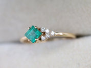 Emerald Cluster Ring | Engagement Cluster | Square Emerald & Diamond Ring | May Birthstone -