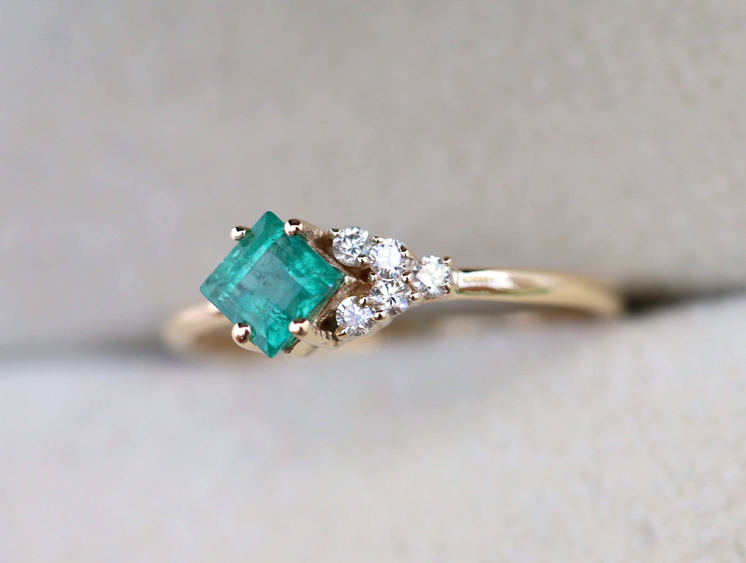 Emerald Cluster Ring | Engagement Cluster | Square Emerald & Diamond Ring | May Birthstone -