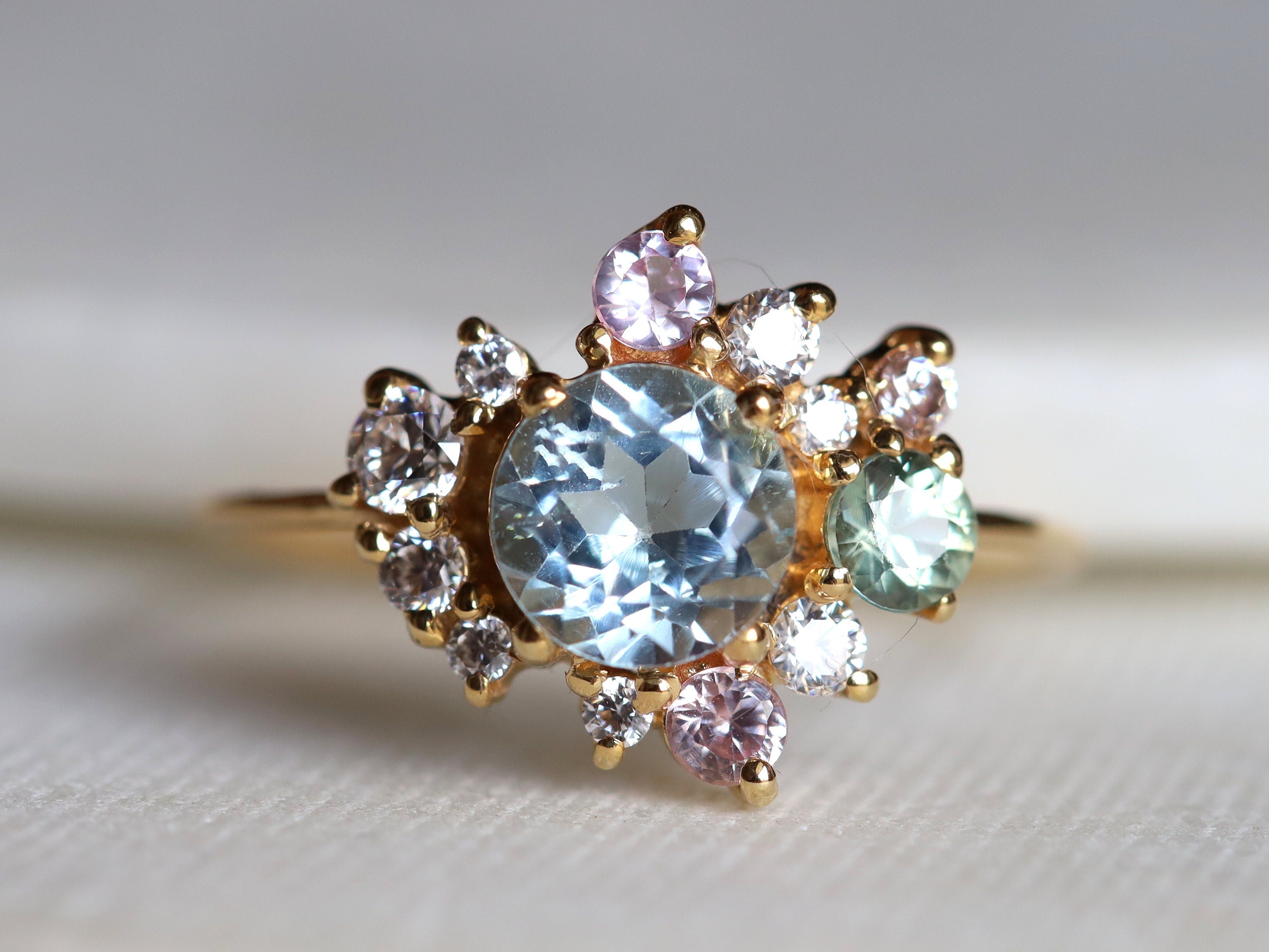 Aquamarine Ring | Cluster Engagement Ring | Aquamarine & Sapphire | Pale Color -