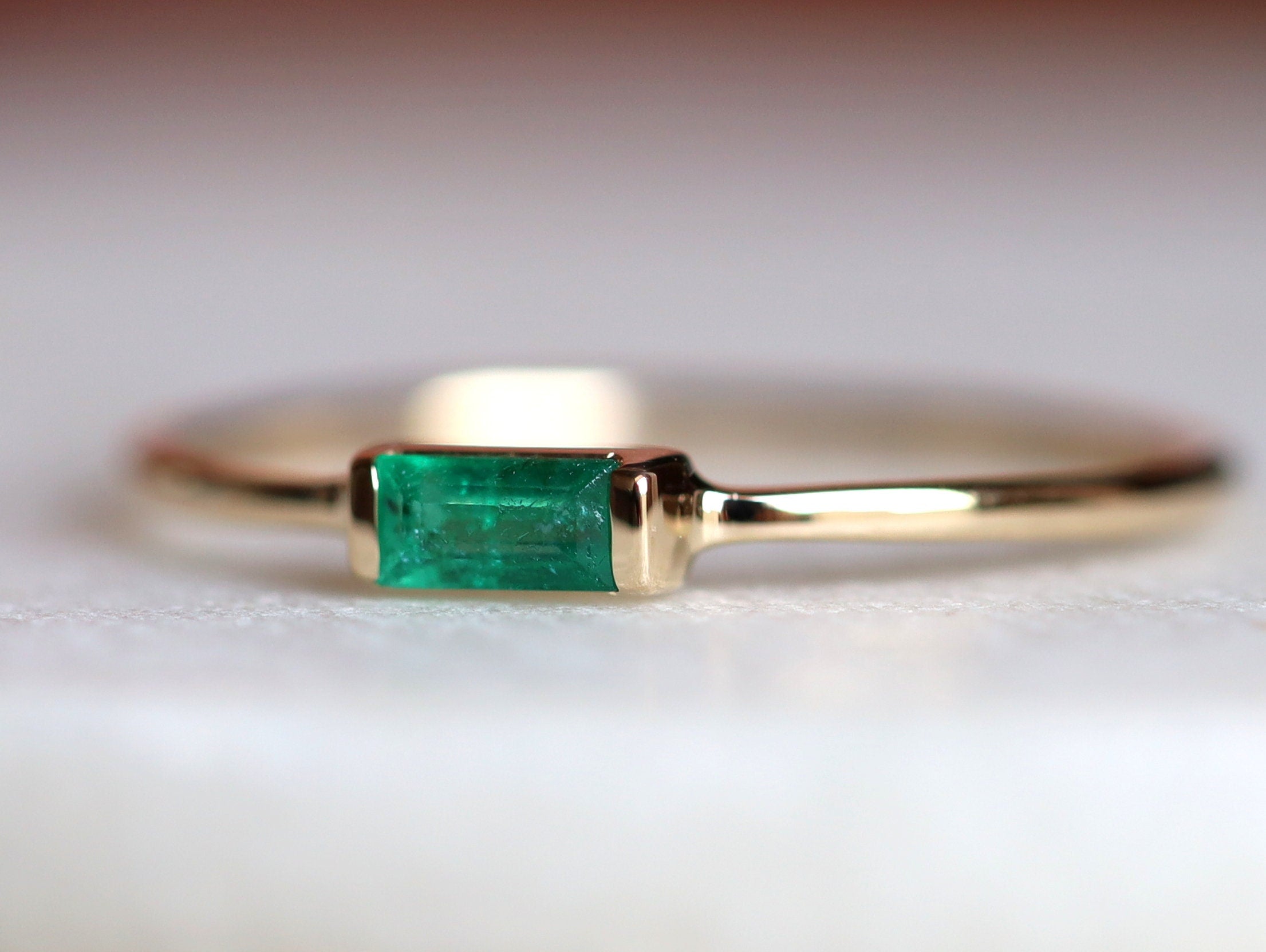 Emerald Baguette Stacking Ring | May Birthstone Gold Baguette Engagement Ring -