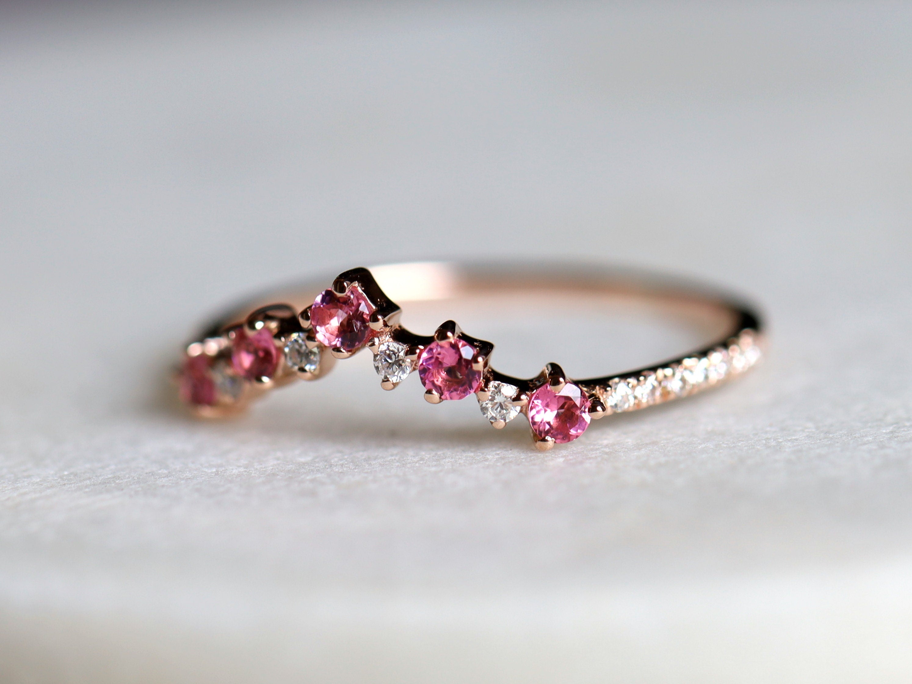Pink Tourmaline Cluster Ring | Curved Wedding Band | Tourmaline & Diamond Wedding Band -