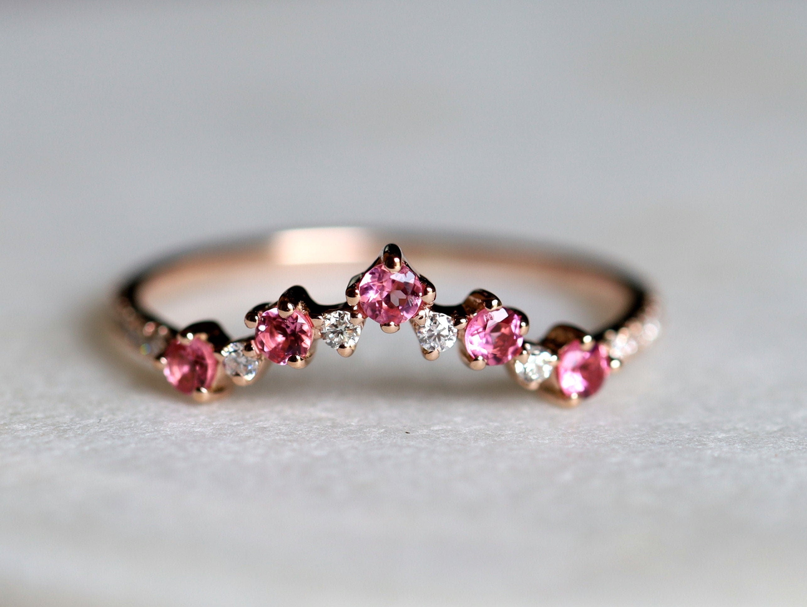 Pink Tourmaline Cluster Ring | Curved Wedding Band | Tourmaline & Diamond Wedding Band -