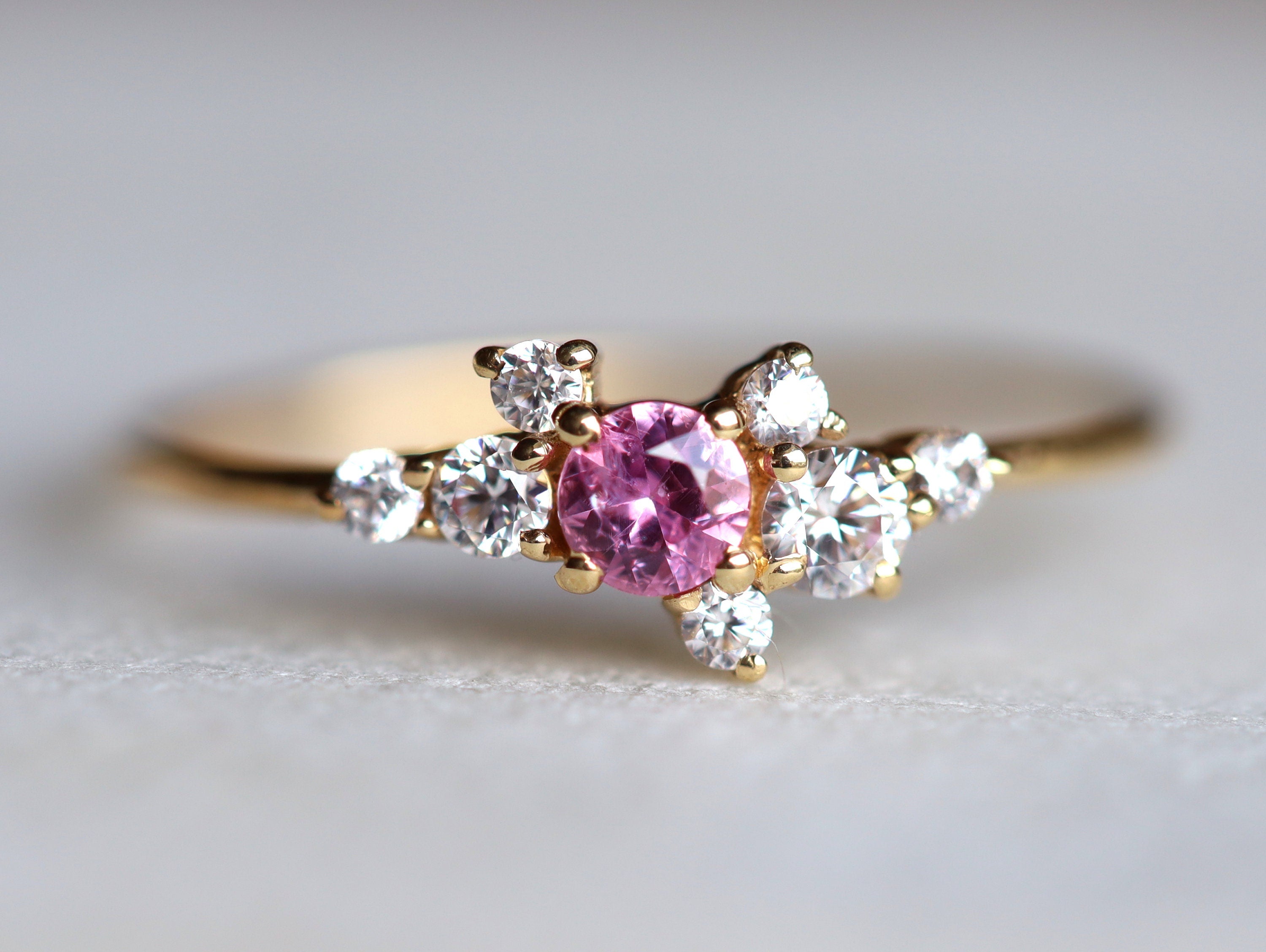 Pink Sapphire Engagement Ring | Sapphire & Diamond Cluster Ring | Birthstone Ring -