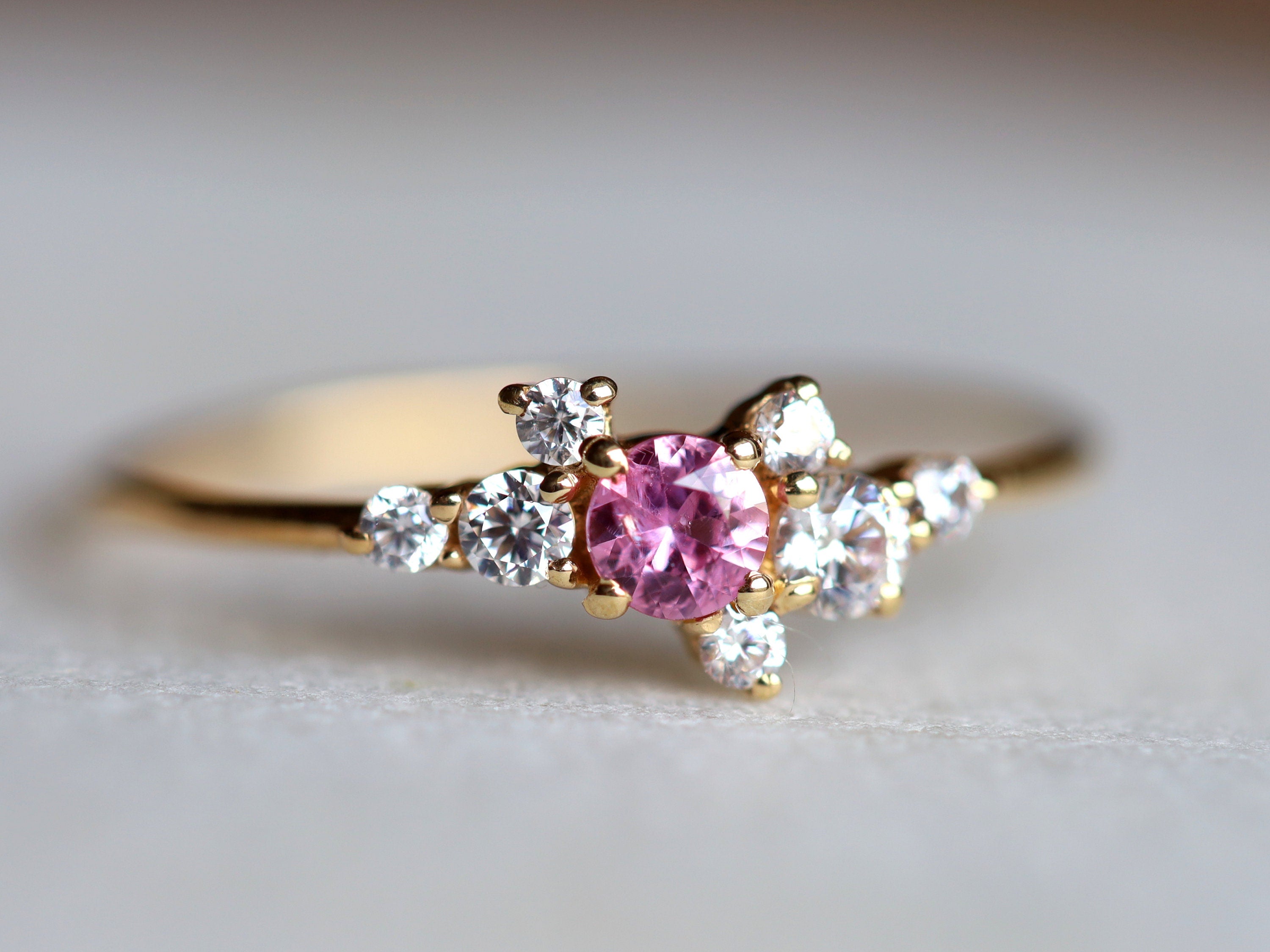 Pink Sapphire Engagement Ring | Sapphire & Diamond Cluster Ring | Birthstone Ring -