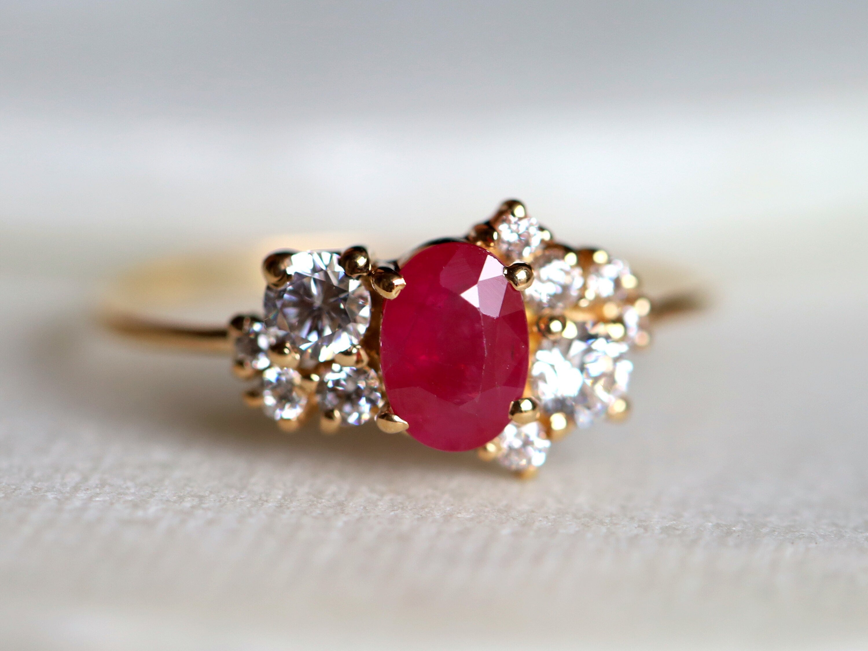 Ruby Diamond Cluster Engagement Ring | Oval Red Ruby with Diamond Halo | Anniversary Gift -