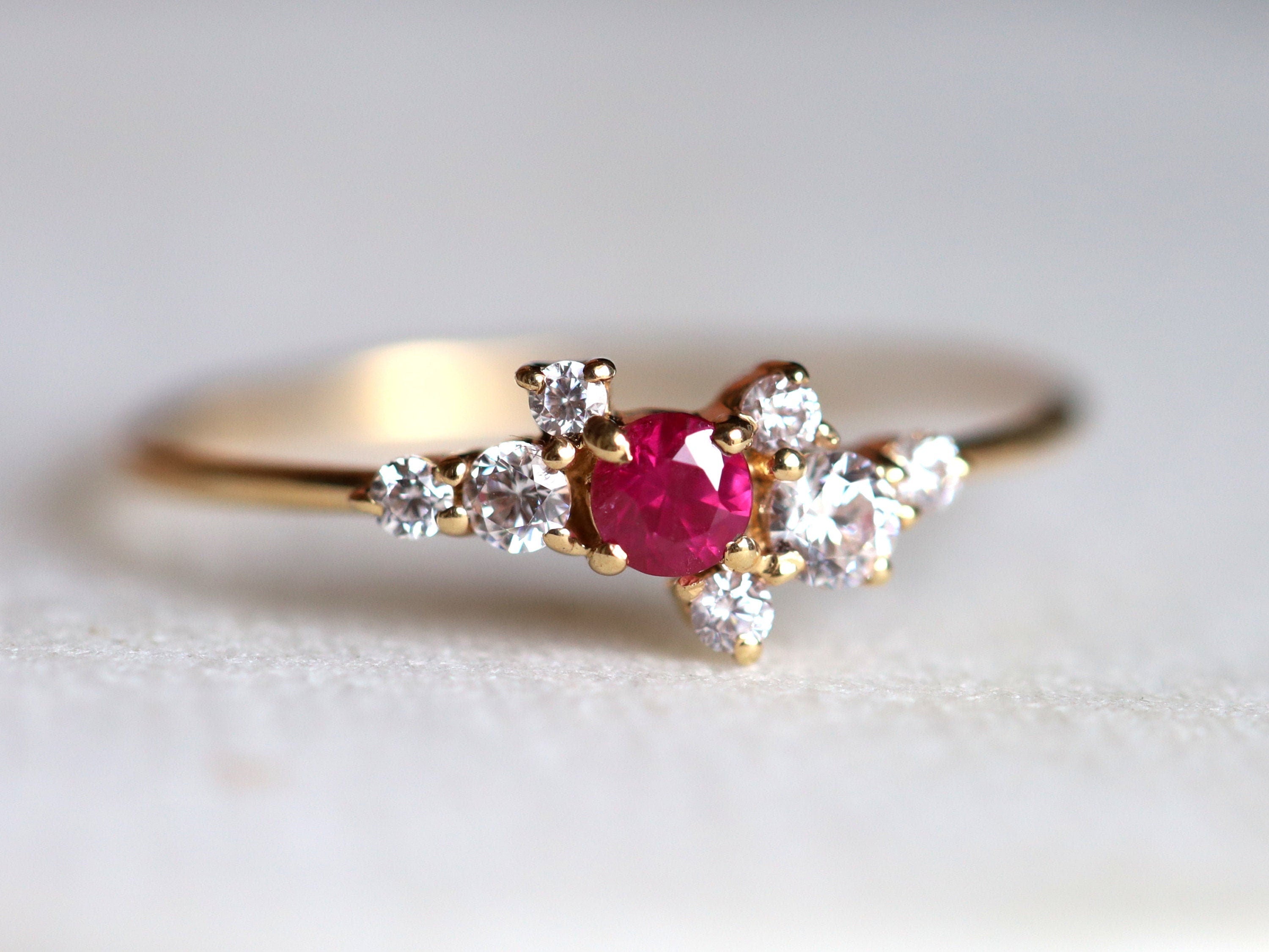 Ruby Diamond Engagement Ring | Red Ruby Round Cut | Cluster Ruby Ring -