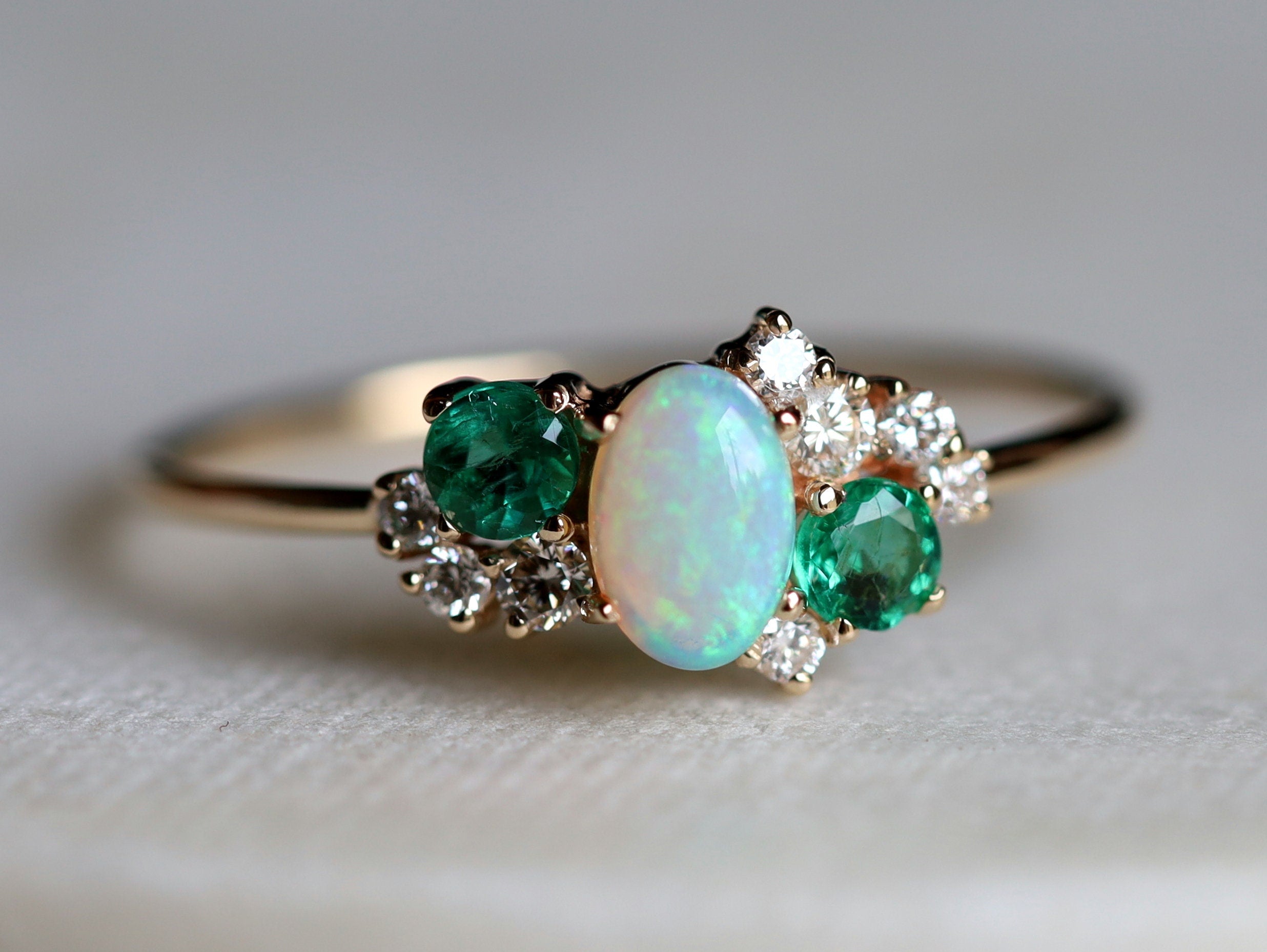 Opal and Emerald Cluster Engagement Ring | Diamond Opal Cluster Ring | Engagement Ring -
