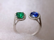 Solid Gold Emerald & Sapphire Dual Engagement Ring | Adjustable Art Deco Ring | Unique Gemstone Ring -