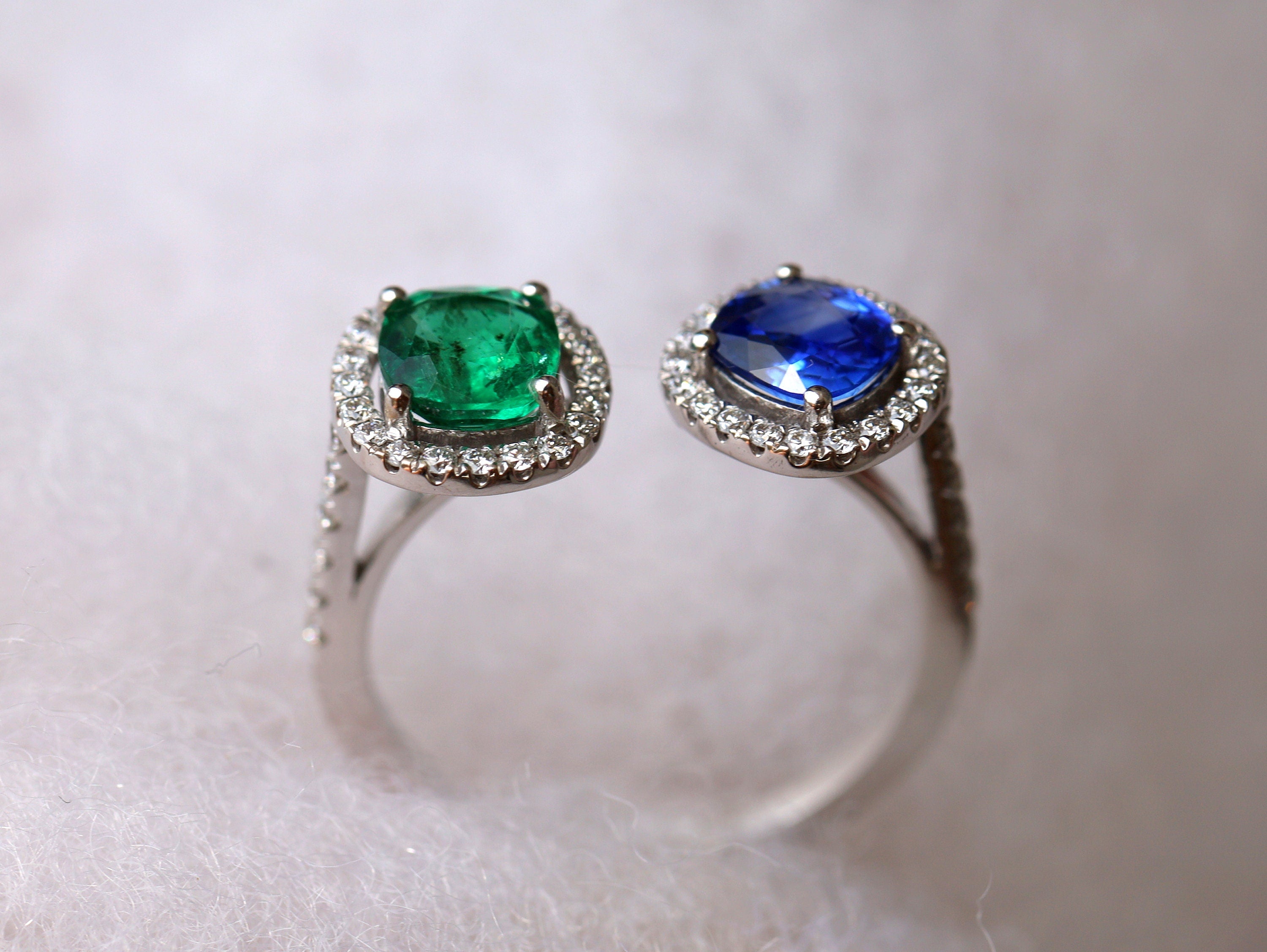 Solid Gold Emerald & Sapphire Dual Engagement Ring | Adjustable Art Deco Ring | Unique Gemstone Ring -