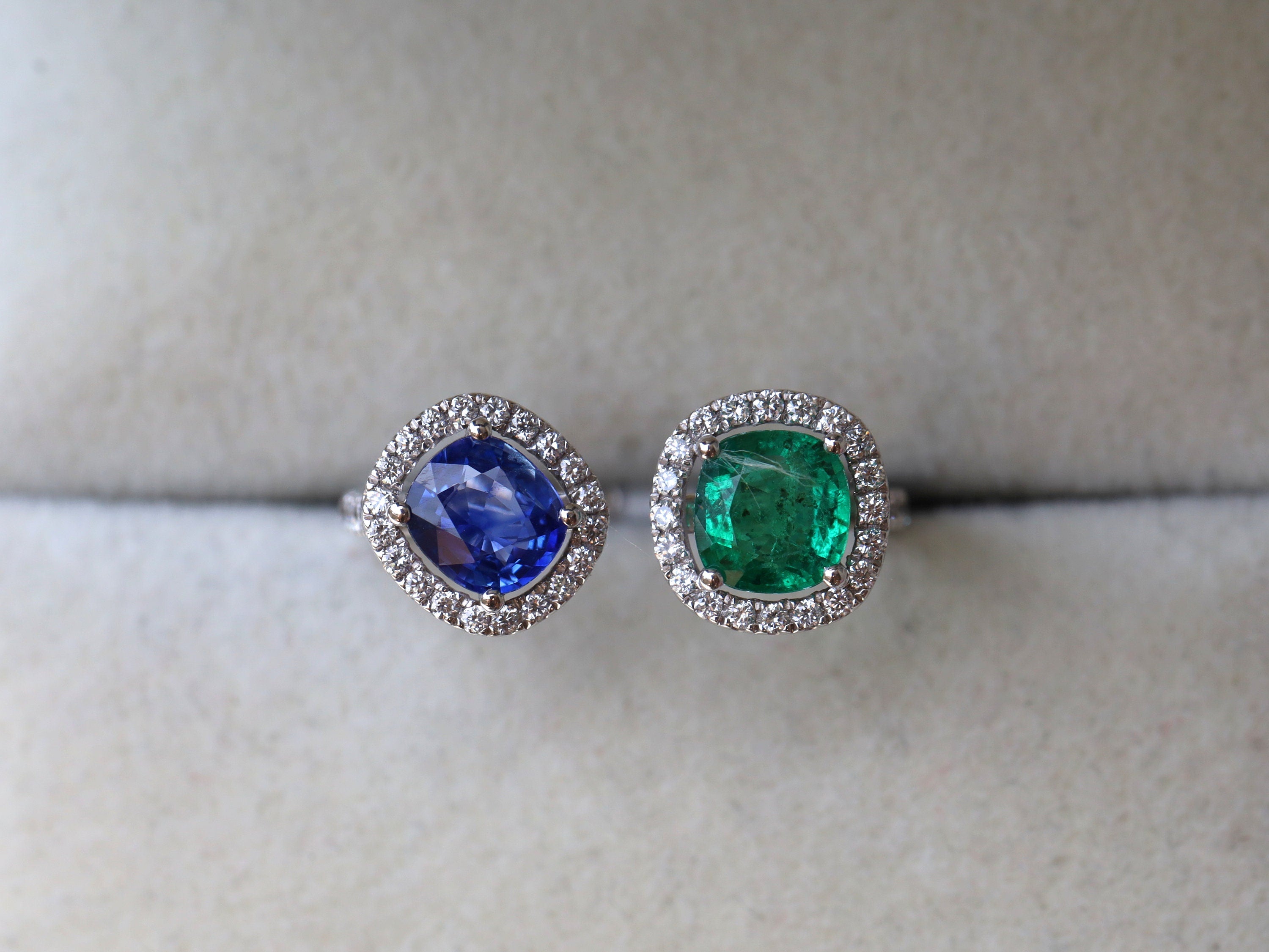 Emerald & Sapphire Halo Engagement Ring | Adjustable Art Deco Ring | Unique Gemstone Ring -