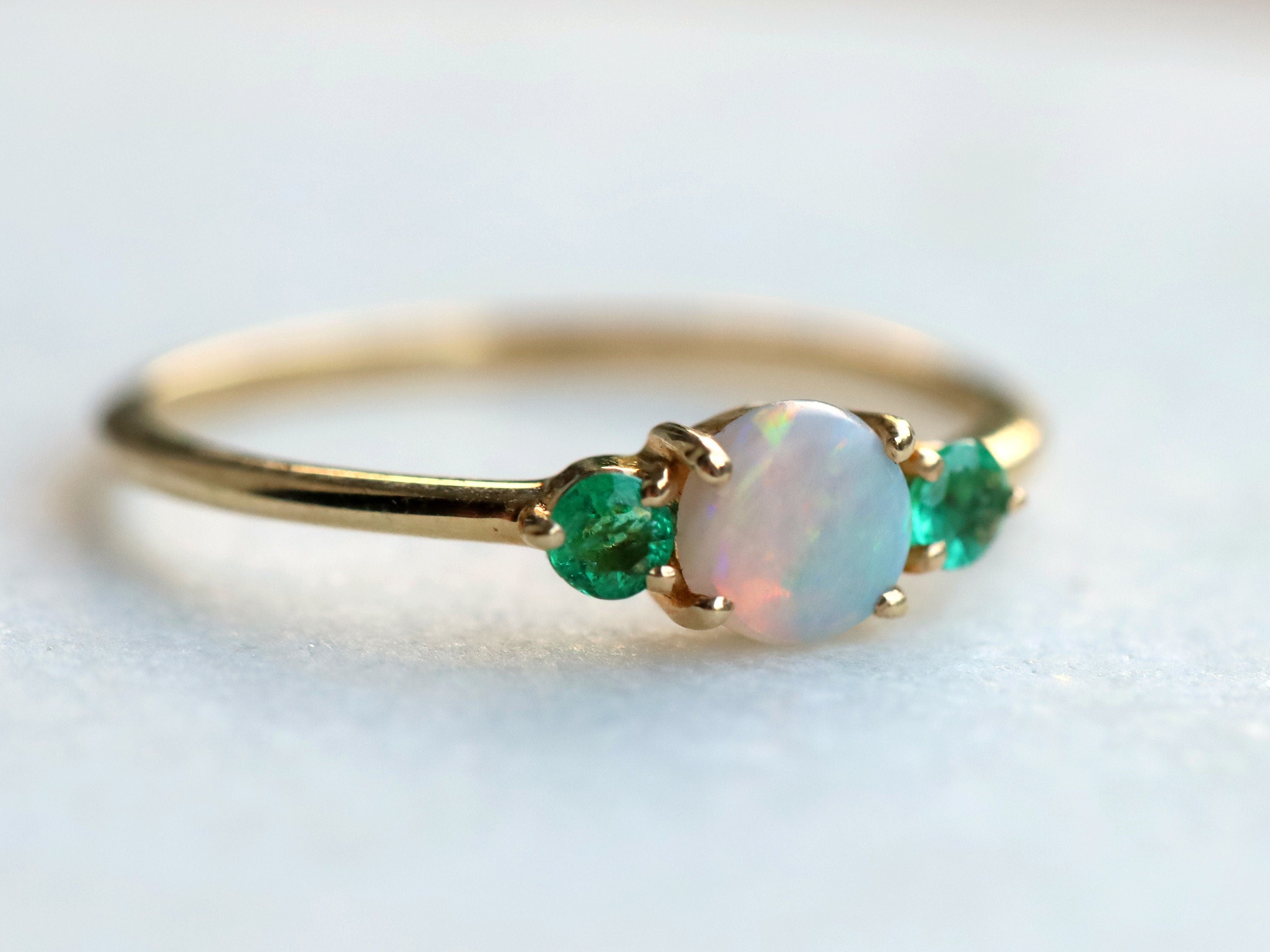 Opal Engagement Ring | Australian Opal and Emerald Ring | Three-Stone June Birthstone Ring -