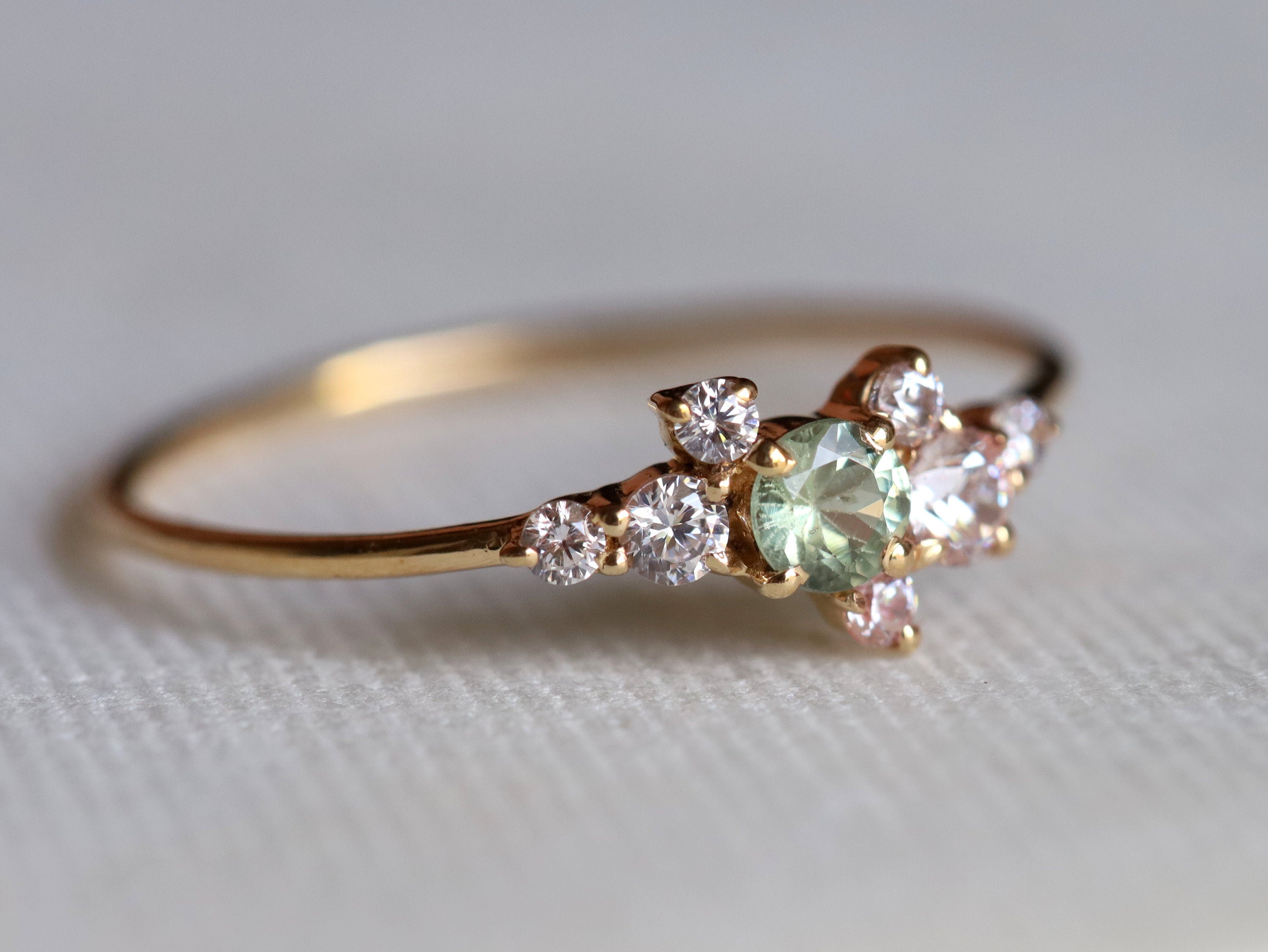 Green Sapphire Cluster Engagement Ring | Sapphire & Diamond Cluster Ring | Birthstone Engagement Ring -