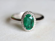 Emerald Engagement Ring | Vintage Green Oval Halo Design | 1-Carat May Birthstone Jewelry -